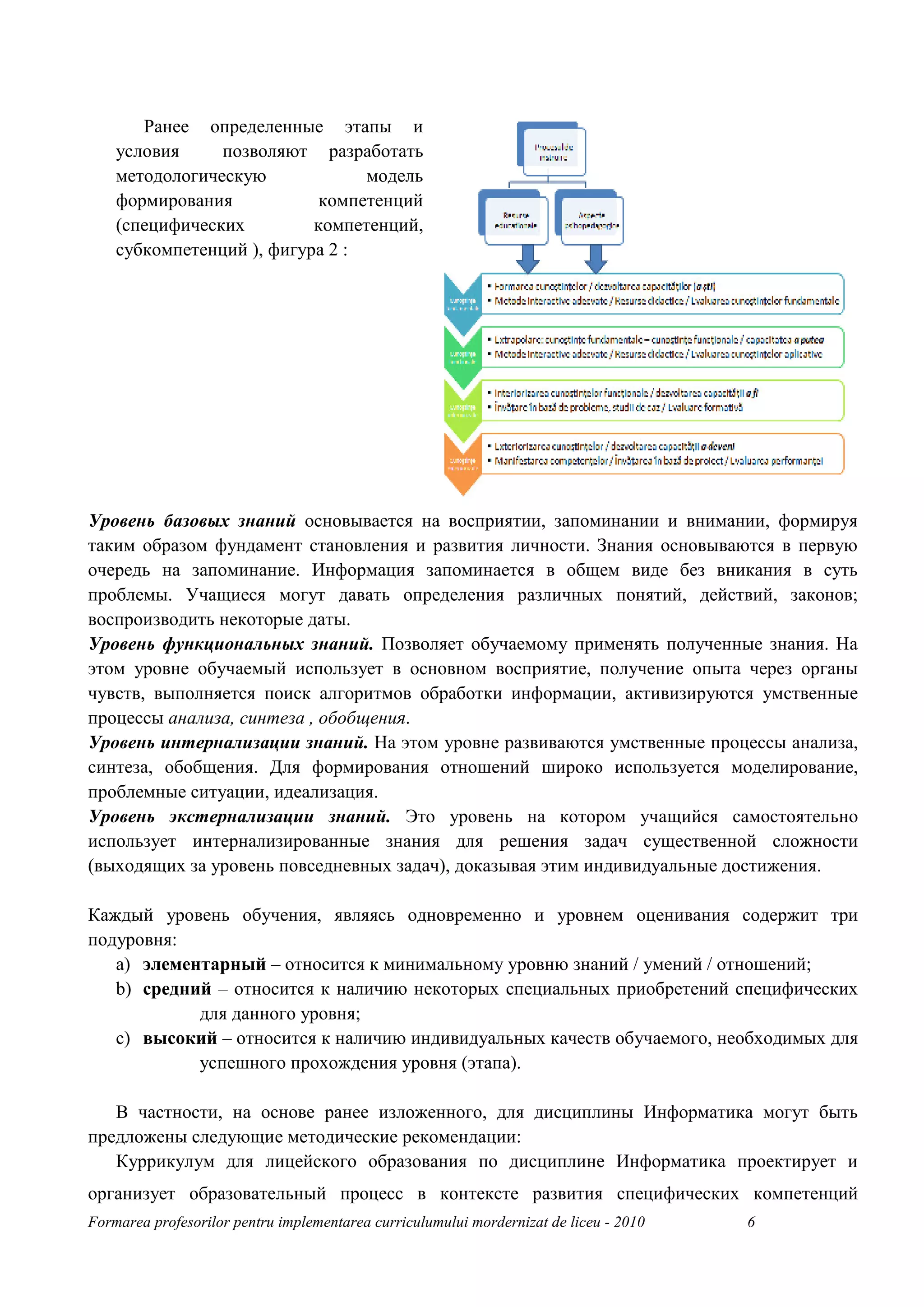 Ранее определенные этапы и
    условия     позволяют разработать
    методологическую             модель
    формирования           компетенций
    (специфических         компетенций,
    субкомпетенций ), фигура 2 :




Уровень базовых знаний основывается на восприятии, запоминании и внимании, формируя
таким образом фундамент становления и развития личности. Знания основываются в первую
очередь на запоминание. Информация запоминается в общем виде без вникания в суть
проблемы. Учащиеся могут давать определения различных понятий, действий, законов;
воспроизводить некоторые даты.
Уровень функциональных знаний. Позволяет обучаемому применять полученные знания. На
этом уровне обучаемый использует в основном восприятие, получение опыта через органы
чувств, выполняется поиск алгоритмов обработки информации, активизируются умственные
процессы анализа, синтеза , обобщения.
Уровень интернализации знаний. На этом уровне развиваются умственные процессы анализа,
синтеза, обобщения. Для формирования отношений широко используется моделирование,
проблемные ситуации, идеализация.
Уровень экстернализации знаний. Это уровень на котором учащийся самостоятельно
использует интернализированные знания для решения задач существенной сложности
(выходящих за уровень повседневных задач), доказывая этим индивидуальные достижения.

Каждый уровень обучения, являясь одновременно и уровнем оценивания содержит три
подуровня:
   a) элементарный – относится к минимальному уровню знаний / умений / отношений;
   b) средний – относится к наличию некоторых специальных приобретений специфических
            для данного уровня;
   c) высокий – относится к наличию индивидуальных качеств обучаемого, необходимых для
            успешного прохождения уровня (этапа).

   В частности, на основе ранее изложенного, для дисциплины Информатика могут быть
предложены следующие методические рекомендации:
   Куррикулум для лицейского образования по дисциплине Информатика проектирует и
организует образовательный процесс в контексте развития специфических компетенций
Formarea profesorilor pentru implementarea curriculumului mordernizat de liceu - 2010   6
 