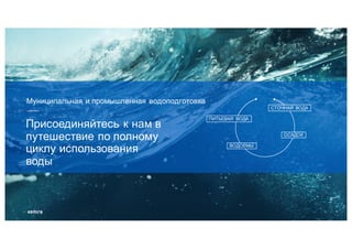 ПИТЬЕВАЯ ВОДА
СТОЧНАЯ ВОДА
ОСАДОК
ВОДОЕМЫ
Присоединяйтесь к нам в
путешествие по полному
циклу использования
воды
Муниципальная и промышленная водоподготовка
 