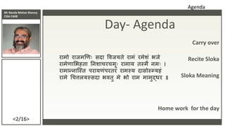 Mr Nanda Mohan Shenoy
CISA CAIIB
<2/16>
Carry over
Recite Sloka
Sloka Meaning
Home work for the day
Day- Agenda
रामो राजमण िः सदा विजयते रामं रमेशं भजे
रामे ाभभहता निशाचरचमिः रामाय तस्मै िमिः ।
रामान्िास्स्त पराय ंपरतरं रामस्य दासोस्ययहं
रामे चचत्तलयस्सदा भितु मे भो राम मामुद्धर ॥
Agenda
 