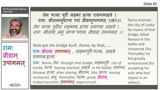 Mr Nanda Mohan Shenoy
CISA CAIIB
<6/16>
तेि गत्िा पुर ं लङकां हत्िा राि माहिे ।
राम: सीतामिुप्राप्य परां व्रीडामुपागमत् ।।81।।
तेन र्त्वा पुि म् लङ्काम् हत्वा िावणम् आहवे ।
िाम: सीताम् अनु प्राप्य पिाम ् व्रीडाम् पपार्मत् ।।
Nala got the bridge built .Rama, by that, …..
िाम: व्रीडाम ् पपार्मत् , लङ्कापुि ां र्त्वा, आहवे
िावणम ्हत्वा
िाम: Rama, तेन through that bridge, लङ्कापुि ां city of
Lanka, र्त्वा having reached, आहवे in the battle, िावणम ्
Ravana, हत्वा after slaying, सीताम् Sita, प्राप्य having
recovered, अनु thereafter, पिाम ् great, व्रीडाम ्
embarrassment, पपार्मत् experienced .
Sloka 81
िाम:
व्रीडाम्
पपार्मत ्
Rama entered
the city of Lanka
by means of that
bridge, killed
Ravana in the
battle and
recovered Sita.
Thereafter he
felt greatly
embarassed (for
accepting his
wife who had
stayed in an
others).
 