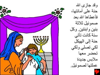 ‫وﻗﺪ ﺟﺎزى اﷲ‬
 ‫ﺡﻨﺔ ﻋﻠﻰ أﻡﺎﻧﺘﻬﺎ،‬
  ‫ﻓﺄﻋﻄﺎهﺎ اﷲ ﺏﻌﺪ‬
    ‫ﺻﻤﻮﺋﻴﻞ ﺛﻼﺛﺔ‬
‫ﺏﻨﻴﻦ واﺏﻨﺘﻴﻦ. وآﻞ‬
   ‫ﺱﻨﺔ آﺎﻧﺖ ﺕﺄﺕﻲ‬
   ‫ﺡﻨﺔ إﻟﻰ اﻟﻬﻴﻜﻞ‬
 ‫ﻟﻜﻲ ﺕﺼﻠﻲ وﻟﻜﻲ‬
      ‫ﺕﺤﻀﺮ ﻡﻌﻬﺎ‬
     ‫ﻡﻼﺏﺲ ﺟﺪیﺪة‬
‫ﻋﻤﻠﺘﻬﺎ ﻟﺼﻤﻮﺋﻴﻞ.‬
 