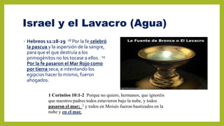 Israel y el Lavacro (Agua)
• Hebreos 11:28-29 28 Por la fe celebró
la pascua y la aspersión de la sangre,
para que el que destruía a los
primogénitos no los tocase a ellos. 29
Por la fe pasaron el Mar Rojo como
por tierra seca; e intentando los
egipcios hacer lo mismo, fueron
ahogados.
1 Corintios 10:1-2 Porque no quiero, hermanos, que ignoréis
que nuestros padres todos estuvieron bajo la nube, y todos
pasaron el mar; 2 y todos en Moisés fueron bautizados en la
nube y en el mar,
 