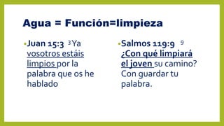 Agua = Función=limpieza
•Juan 15:3 3Ya
vosotros estáis
limpios por la
palabra que os he
hablado
•Salmos 119:9 9
¿Con qué limpiará
el joven su camino?
Con guardar tu
palabra.
 