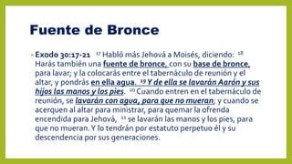 Fuente de Bronce
• Exodo 30:17-21 17 Habló más Jehová a Moisés, diciendo: 18
Harás también una fuente de bronce, con su base de bronce,
para lavar; y la colocarás entre el tabernáculo de reunión y el
altar, y pondrás en ella agua. 19 Y de ella se lavarán Aarón y sus
hijos las manos y los pies. 20 Cuando entren en el tabernáculo de
reunión, se lavarán con agua, para que no mueran; y cuando se
acerquen al altar para ministrar, para quemar la ofrenda
encendida para Jehová, 21 se lavarán las manos y los pies, para
que no mueran.Y lo tendrán por estatuto perpetuo él y su
descendencia por sus generaciones.
 