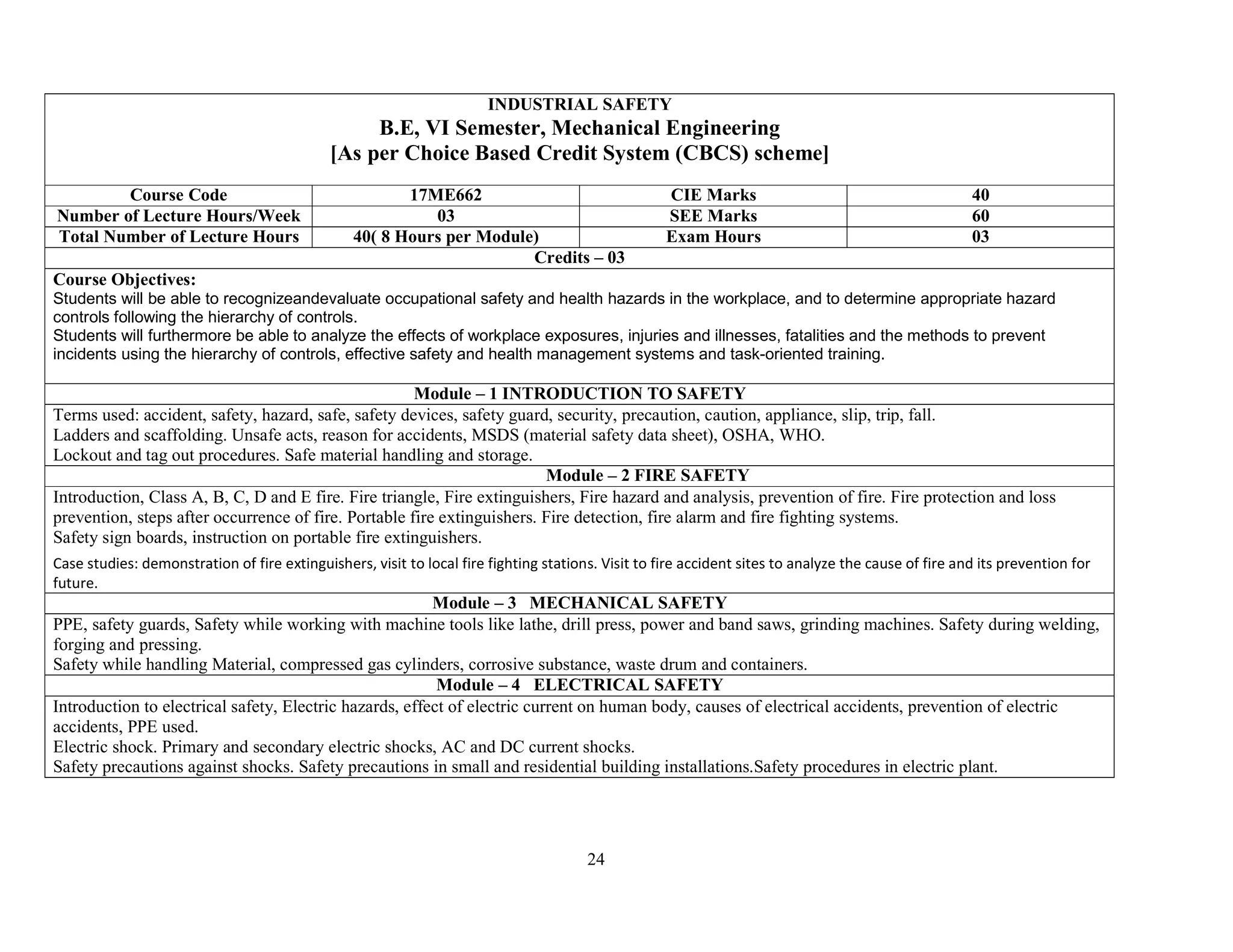 24
INDUSTRIAL SAFETY
B.E, VI Semester, Mechanical Engineering
[As per Choice Based Credit System (CBCS) scheme]
Course Code 17ME662 CIE Marks 40
Number of Lecture Hours/Week 03 SEE Marks 60
Total Number of Lecture Hours 40( 8 Hours per Module) Exam Hours 03
Credits – 03
Course Objectives:
Students will be able to recognizeandevaluate occupational safety and health hazards in the workplace, and to determine appropriate hazard
controls following the hierarchy of controls.
Students will furthermore be able to analyze the effects of workplace exposures, injuries and illnesses, fatalities and the methods to prevent
incidents using the hierarchy of controls, effective safety and health management systems and task-oriented training.
Module – 1 INTRODUCTION TO SAFETY
Terms used: accident, safety, hazard, safe, safety devices, safety guard, security, precaution, caution, appliance, slip, trip, fall.
Ladders and scaffolding. Unsafe acts, reason for accidents, MSDS (material safety data sheet), OSHA, WHO.
Lockout and tag out procedures. Safe material handling and storage.
Module – 2 FIRE SAFETY
Introduction, Class A, B, C, D and E fire. Fire triangle, Fire extinguishers, Fire hazard and analysis, prevention of fire. Fire protection and loss
prevention, steps after occurrence of fire. Portable fire extinguishers. Fire detection, fire alarm and fire fighting systems.
Safety sign boards, instruction on portable fire extinguishers.
Case studies: demonstration of fire extinguishers, visit to local fire fighting stations. Visit to fire accident sites to analyze the cause of fire and its prevention for
future.
Module – 3 MECHANICAL SAFETY
PPE, safety guards, Safety while working with machine tools like lathe, drill press, power and band saws, grinding machines. Safety during welding,
forging and pressing.
Safety while handling Material, compressed gas cylinders, corrosive substance, waste drum and containers.
Module – 4 ELECTRICAL SAFETY
Introduction to electrical safety, Electric hazards, effect of electric current on human body, causes of electrical accidents, prevention of electric
accidents, PPE used.
Electric shock. Primary and secondary electric shocks, AC and DC current shocks.
Safety precautions against shocks. Safety precautions in small and residential building installations.Safety procedures in electric plant.
 