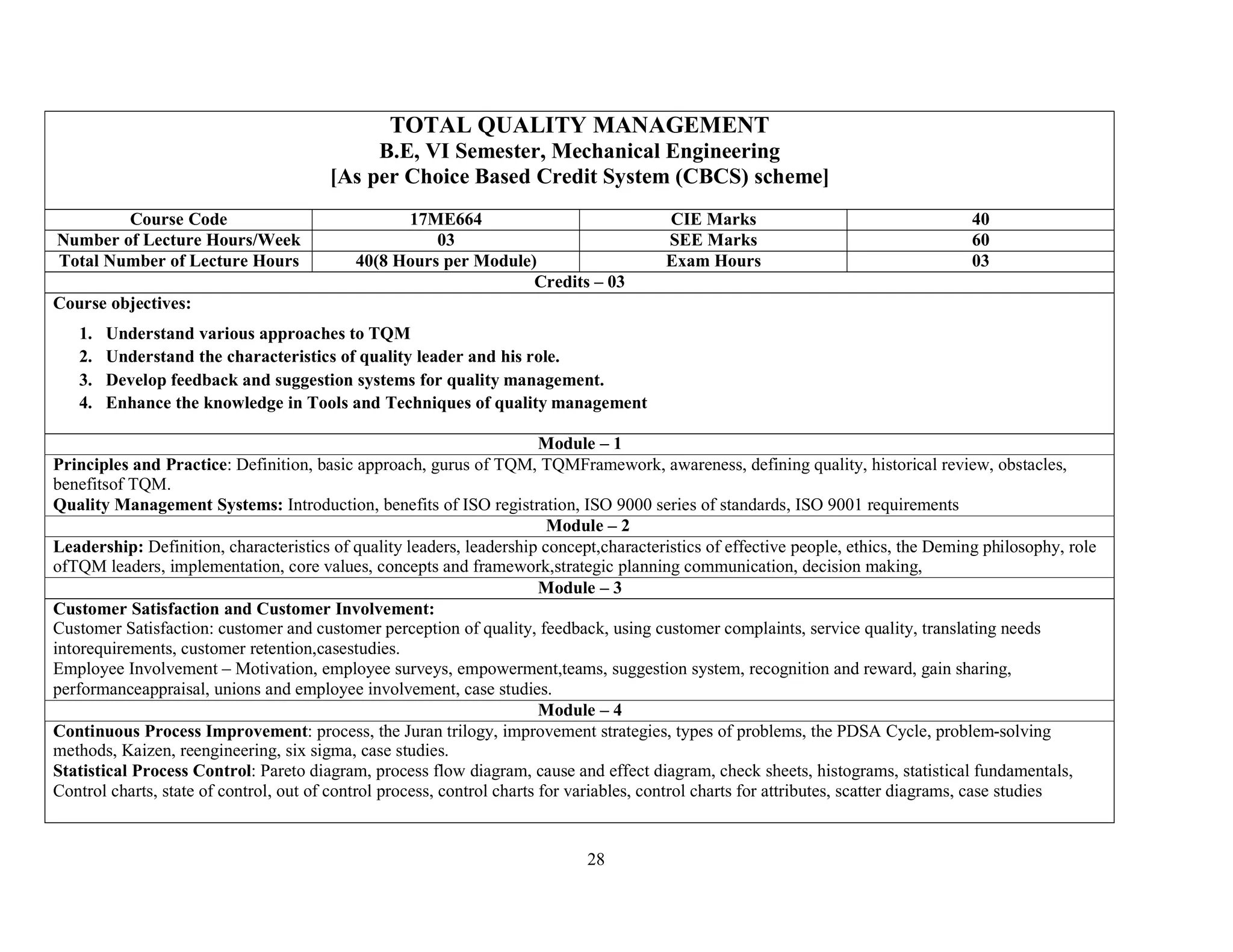 28
TOTAL QUALITY MANAGEMENT
B.E, VI Semester, Mechanical Engineering
[As per Choice Based Credit System (CBCS) scheme]
Course Code 17ME664 CIE Marks 40
Number of Lecture Hours/Week 03 SEE Marks 60
Total Number of Lecture Hours 40(8 Hours per Module) Exam Hours 03
Credits – 03
Course objectives:
1. Understand various approaches to TQM
2. Understand the characteristics of quality leader and his role.
3. Develop feedback and suggestion systems for quality management.
4. Enhance the knowledge in Tools and Techniques of quality management
Module – 1
Principles and Practice: Definition, basic approach, gurus of TQM, TQMFramework, awareness, defining quality, historical review, obstacles,
benefitsof TQM.
Quality Management Systems: Introduction, benefits of ISO registration, ISO 9000 series of standards, ISO 9001 requirements
Module – 2
Leadership: Definition, characteristics of quality leaders, leadership concept,characteristics of effective people, ethics, the Deming philosophy, role
ofTQM leaders, implementation, core values, concepts and framework,strategic planning communication, decision making,
Module – 3
Customer Satisfaction and Customer Involvement:
Customer Satisfaction: customer and customer perception of quality, feedback, using customer complaints, service quality, translating needs
intorequirements, customer retention,casestudies.
Employee Involvement – Motivation, employee surveys, empowerment,teams, suggestion system, recognition and reward, gain sharing,
performanceappraisal, unions and employee involvement, case studies.
Module – 4
Continuous Process Improvement: process, the Juran trilogy, improvement strategies, types of problems, the PDSA Cycle, problem-solving
methods, Kaizen, reengineering, six sigma, case studies.
Statistical Process Control: Pareto diagram, process flow diagram, cause and effect diagram, check sheets, histograms, statistical fundamentals,
Control charts, state of control, out of control process, control charts for variables, control charts for attributes, scatter diagrams, case studies
 