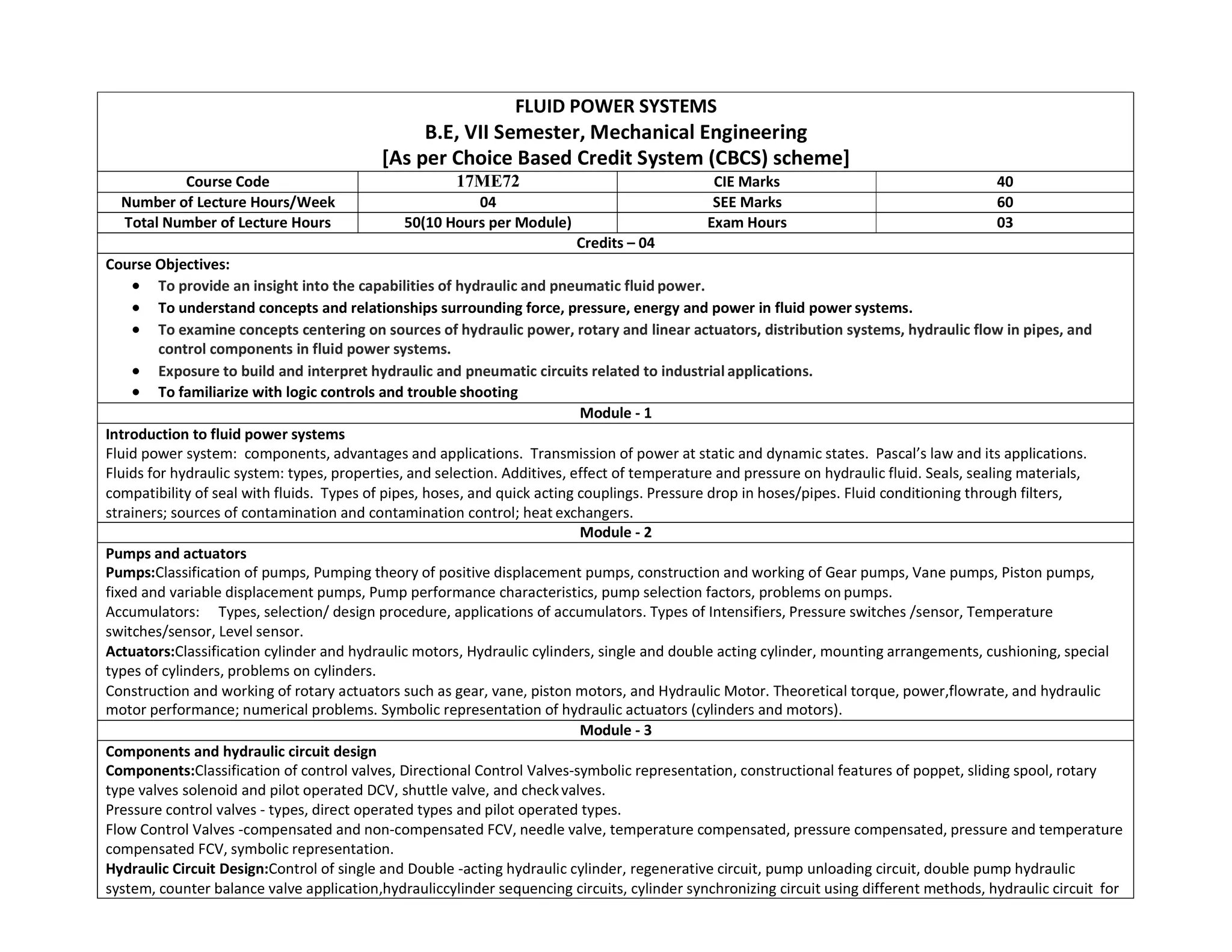 FLUID POWER SYSTEMS
B.E, VII Semester, Mechanical Engineering
[As per Choice Based Credit System (CBCS) scheme]
Course Code 17ME72 CIE Marks 40
Number of Lecture Hours/Week 04 SEE Marks 60
Total Number of Lecture Hours 50(10 Hours per Module) Exam Hours 03
Credits – 04
Course Objectives:
 To provide an insight into the capabilities of hydraulic and pneumatic fluid power.
 To understand concepts and relationships surrounding force, pressure, energy and power in fluid power systems.
 To examine concepts centering on sources of hydraulic power, rotary and linear actuators, distribution systems, hydraulic flow in pipes, and
control components in fluid power systems.
 Exposure to build and interpret hydraulic and pneumatic circuits related to industrial applications.
 To familiarize with logic controls and trouble shooting
Module - 1
Introduction to fluid power systems
Fluid power system: components, advantages and applications. Transmission of power at static and dynamic states. Pascal’s law and its applications.
Fluids for hydraulic system: types, properties, and selection. Additives, effect of temperature and pressure on hydraulic fluid. Seals, sealing materials,
compatibility of seal with fluids. Types of pipes, hoses, and quick acting couplings. Pressure drop in hoses/pipes. Fluid conditioning through filters,
strainers; sources of contamination and contamination control; heat exchangers.
Module - 2
Pumps and actuators
Pumps:Classification of pumps, Pumping theory of positive displacement pumps, construction and working of Gear pumps, Vane pumps, Piston pumps,
fixed and variable displacement pumps, Pump performance characteristics, pump selection factors, problems on pumps.
Accumulators: Types, selection/ design procedure, applications of accumulators. Types of Intensifiers, Pressure switches /sensor, Temperature
switches/sensor, Level sensor.
Actuators:Classification cylinder and hydraulic motors, Hydraulic cylinders, single and double acting cylinder, mounting arrangements, cushioning, special
types of cylinders, problems on cylinders.
Construction and working of rotary actuators such as gear, vane, piston motors, and Hydraulic Motor. Theoretical torque, power,flowrate, and hydraulic
motor performance; numerical problems. Symbolic representation of hydraulic actuators (cylinders and motors).
Module - 3
Components and hydraulic circuit design
Components:Classification of control valves, Directional Control Valves-symbolic representation, constructional features of poppet, sliding spool, rotary
type valves solenoid and pilot operated DCV, shuttle valve, and checkvalves.
Pressure control valves - types, direct operated types and pilot operated types.
Flow Control Valves -compensated and non-compensated FCV, needle valve, temperature compensated, pressure compensated, pressure and temperature
compensated FCV, symbolic representation.
Hydraulic Circuit Design:Control of single and Double -acting hydraulic cylinder, regenerative circuit, pump unloading circuit, double pump hydraulic
system, counter balance valve application,hydrauliccylinder sequencing circuits, cylinder synchronizing circuit using different methods, hydraulic circuit for
 