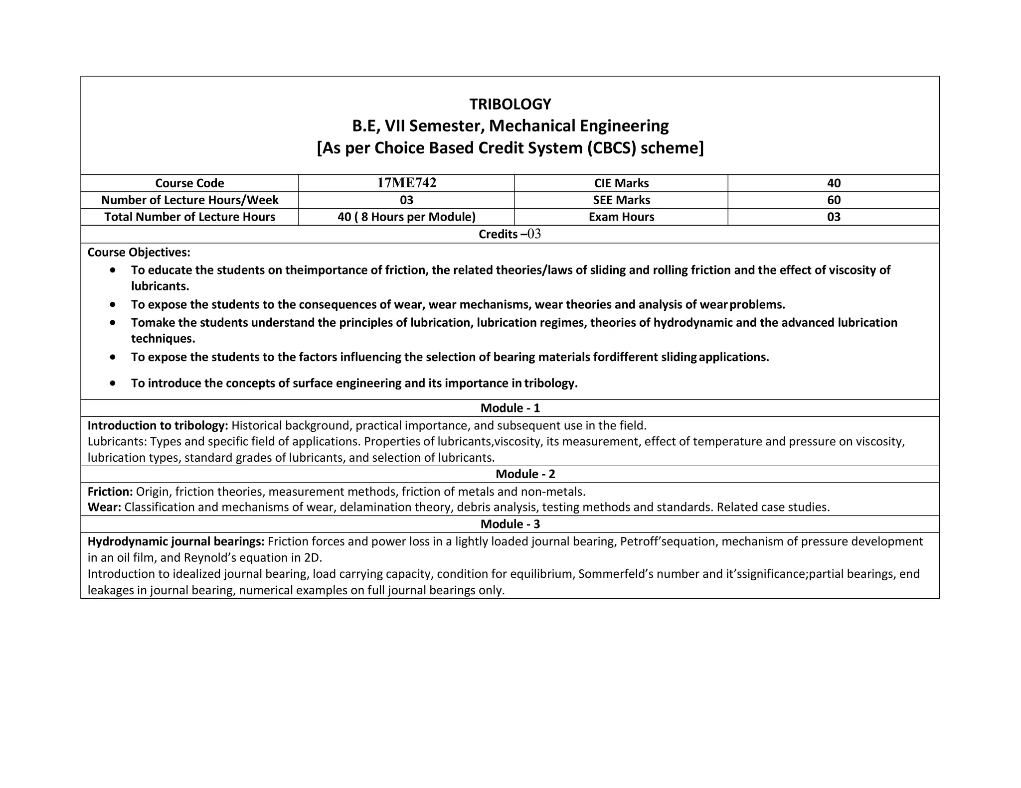 TRIBOLOGY
B.E, VII Semester, Mechanical Engineering
[As per Choice Based Credit System (CBCS) scheme]
Course Code 17ME742 CIE Marks 40
Number of Lecture Hours/Week 03 SEE Marks 60
Total Number of Lecture Hours 40 ( 8 Hours per Module) Exam Hours 03
Credits –03
Course Objectives:
 To educate the students on theimportance of friction, the related theories/laws of sliding and rolling friction and the effect of viscosity of
lubricants.
 To expose the students to the consequences of wear, wear mechanisms, wear theories and analysis of wearproblems.
 Tomake the students understand the principles of lubrication, lubrication regimes, theories of hydrodynamic and the advanced lubrication
techniques.
 To expose the students to the factors influencing the selection of bearing materials fordifferent slidingapplications.
 To introduce the concepts of surface engineering and its importance in tribology.
Module - 1
Introduction to tribology: Historical background, practical importance, and subsequent use in the field.
Lubricants: Types and specific field of applications. Properties of lubricants,viscosity, its measurement, effect of temperature and pressure on viscosity,
lubrication types, standard grades of lubricants, and selection of lubricants.
Module - 2
Friction: Origin, friction theories, measurement methods, friction of metals and non-metals.
Wear: Classification and mechanisms of wear, delamination theory, debris analysis, testing methods and standards. Related case studies.
Module - 3
Hydrodynamic journal bearings: Friction forces and power loss in a lightly loaded journal bearing, Petroff’sequation, mechanism of pressure development
in an oil film, and Reynold’s equation in 2D.
Introduction to idealized journal bearing, load carrying capacity, condition for equilibrium, Sommerfeld’s number and it’ssignificance;partial bearings, end
leakages in journal bearing, numerical examples on full journal bearings only.
 
