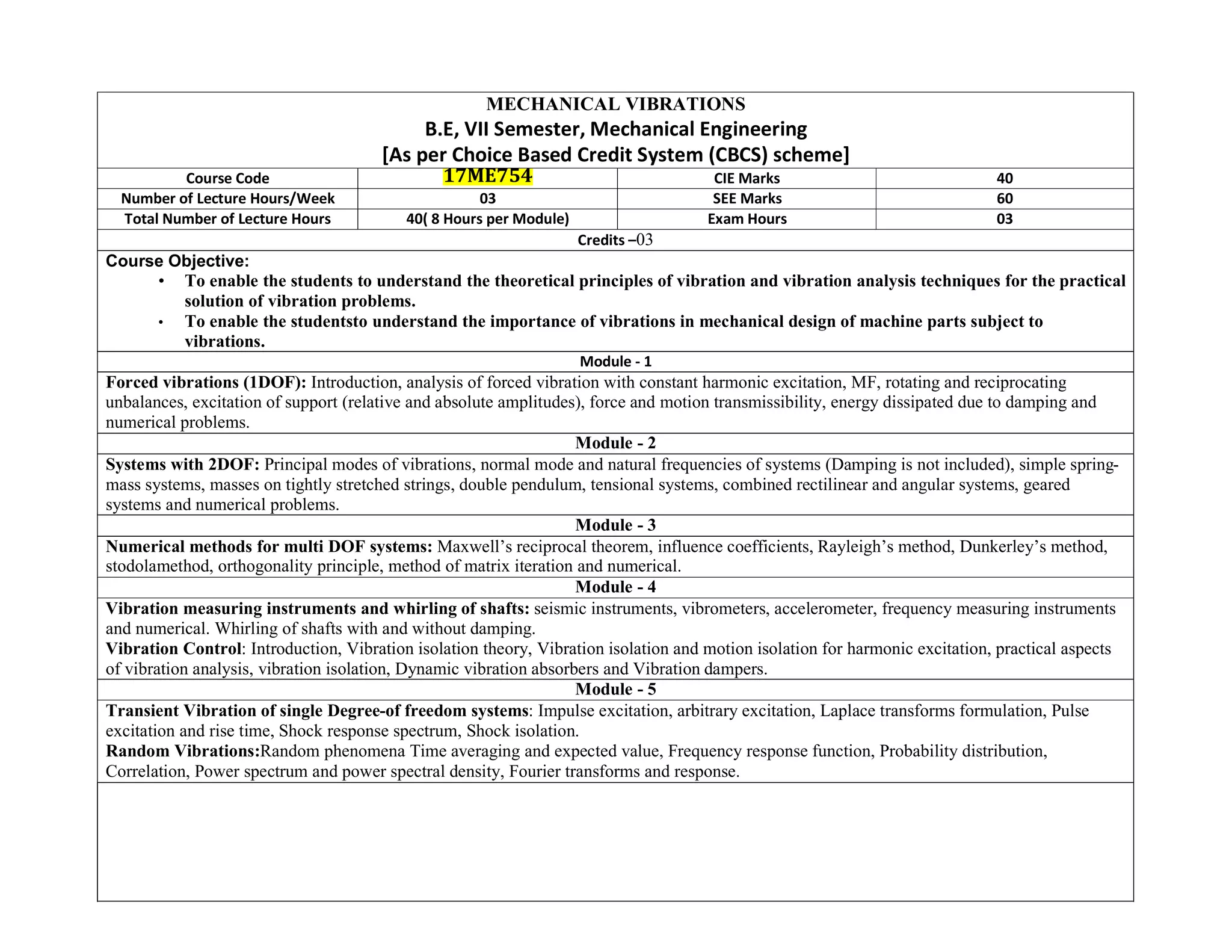 MECHANICAL VIBRATIONS
B.E, VII Semester, Mechanical Engineering
[As per Choice Based Credit System (CBCS) scheme]
Course Code 17ME754 CIE Marks 40
Number of Lecture Hours/Week 03 SEE Marks 60
Total Number of Lecture Hours 40( 8 Hours per Module) Exam Hours 03
Credits –03
Course Objective:
• To enable the students to understand the theoretical principles of vibration and vibration analysis techniques for the practical
solution of vibration problems.
• To enable the studentsto understand the importance of vibrations in mechanical design of machine parts subject to
vibrations.
Module - 1
Forced vibrations (1DOF): Introduction, analysis of forced vibration with constant harmonic excitation, MF, rotating and reciprocating
unbalances, excitation of support (relative and absolute amplitudes), force and motion transmissibility, energy dissipated due to damping and
numerical problems.
Module - 2
Systems with 2DOF: Principal modes of vibrations, normal mode and natural frequencies of systems (Damping is not included), simple spring-
mass systems, masses on tightly stretched strings, double pendulum, tensional systems, combined rectilinear and angular systems, geared
systems and numerical problems.
Module - 3
Numerical methods for multi DOF systems: Maxwell’s reciprocal theorem, influence coefficients, Rayleigh’s method, Dunkerley’s method,
stodolamethod, orthogonality principle, method of matrix iteration and numerical.
Module - 4
Vibration measuring instruments and whirling of shafts: seismic instruments, vibrometers, accelerometer, frequency measuring instruments
and numerical. Whirling of shafts with and without damping.
Vibration Control: Introduction, Vibration isolation theory, Vibration isolation and motion isolation for harmonic excitation, practical aspects
of vibration analysis, vibration isolation, Dynamic vibration absorbers and Vibration dampers.
Module - 5
Transient Vibration of single Degree-of freedom systems: Impulse excitation, arbitrary excitation, Laplace transforms formulation, Pulse
excitation and rise time, Shock response spectrum, Shock isolation.
Random Vibrations:Random phenomena Time averaging and expected value, Frequency response function, Probability distribution,
Correlation, Power spectrum and power spectral density, Fourier transforms and response.
 