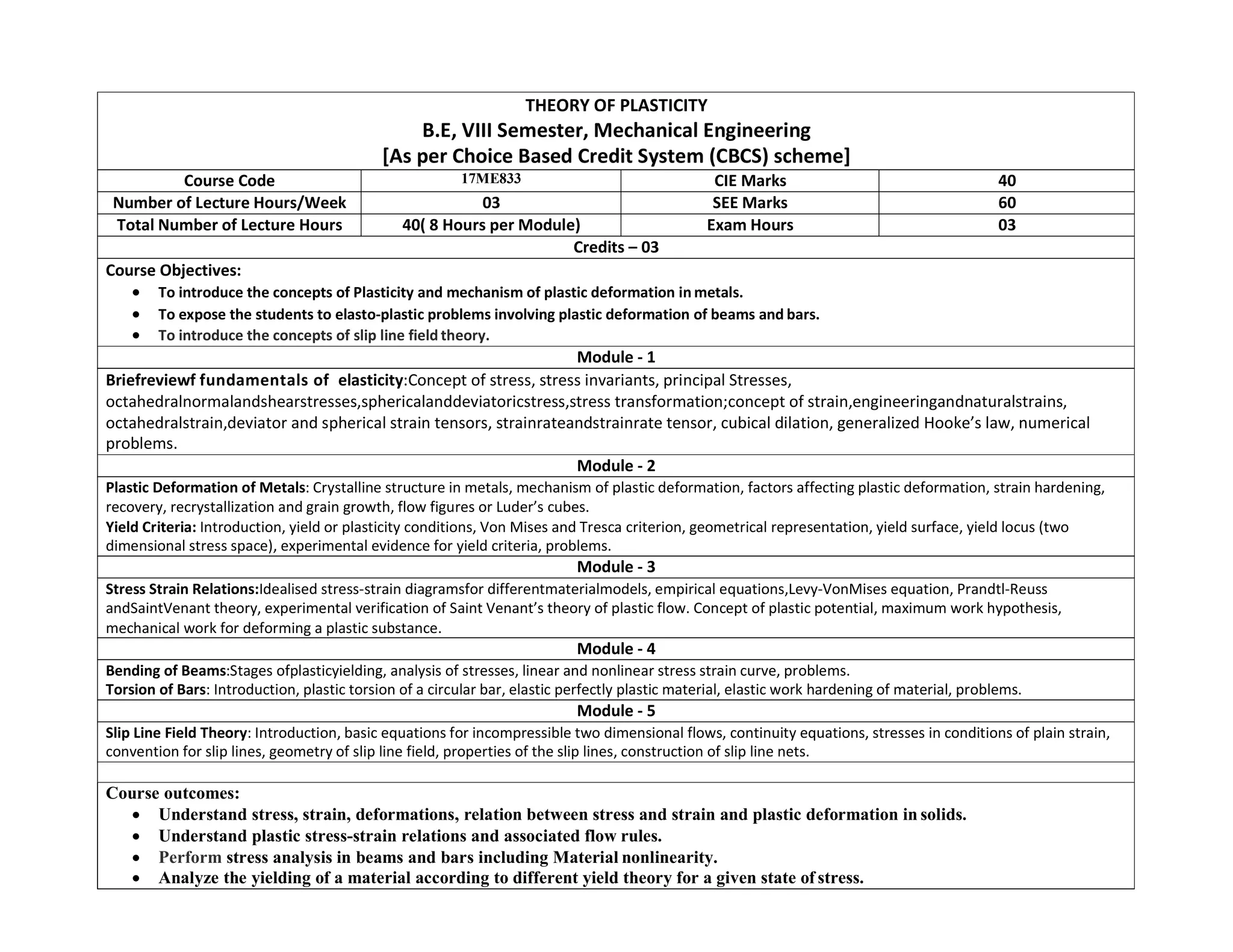 THEORY OF PLASTICITY
B.E, VIII Semester, Mechanical Engineering
[As per Choice Based Credit System (CBCS) scheme]
Course Code 17ME833 CIE Marks 40
Number of Lecture Hours/Week 03 SEE Marks 60
Total Number of Lecture Hours 40( 8 Hours per Module) Exam Hours 03
Credits – 03
Course Objectives:
 To introduce the concepts of Plasticity and mechanism of plastic deformation in metals.
 To expose the students to elasto-plastic problems involving plastic deformation of beams and bars.
 To introduce the concepts of slip line field theory.
Module - 1
Briefreviewf fundamentals of elasticity:Concept of stress, stress invariants, principal Stresses,
octahedralnormalandshearstresses,sphericalanddeviatoricstress,stress transformation;concept of strain,engineeringandnaturalstrains,
octahedralstrain,deviator and spherical strain tensors, strainrateandstrainrate tensor, cubical dilation, generalized Hooke’s law, numerical
problems.
Module - 2
Plastic Deformation of Metals: Crystalline structure in metals, mechanism of plastic deformation, factors affecting plastic deformation, strain hardening,
recovery, recrystallization and grain growth, flow figures or Luder’s cubes.
Yield Criteria: Introduction, yield or plasticity conditions, Von Mises and Tresca criterion, geometrical representation, yield surface, yield locus (two
dimensional stress space), experimental evidence for yield criteria, problems.
Module - 3
Stress Strain Relations:Idealised stress-strain diagramsfor differentmaterialmodels, empirical equations,Levy-VonMises equation, Prandtl-Reuss
andSaintVenant theory, experimental verification of Saint Venant’s theory of plastic flow. Concept of plastic potential, maximum work hypothesis,
mechanical work for deforming a plastic substance.
Module - 4
Bending of Beams:Stages ofplasticyielding, analysis of stresses, linear and nonlinear stress strain curve, problems.
Torsion of Bars: Introduction, plastic torsion of a circular bar, elastic perfectly plastic material, elastic work hardening of material, problems.
Module - 5
Slip Line Field Theory: Introduction, basic equations for incompressible two dimensional flows, continuity equations, stresses in conditions of plain strain,
convention for slip lines, geometry of slip line field, properties of the slip lines, construction of slip line nets.
Course outcomes:
 Understand stress, strain, deformations, relation between stress and strain and plastic deformation in solids.
 Understand plastic stress-strain relations and associated flow rules.
 Perform stress analysis in beams and bars including Material nonlinearity.
 Analyze the yielding of a material according to different yield theory for a given state of stress.
 