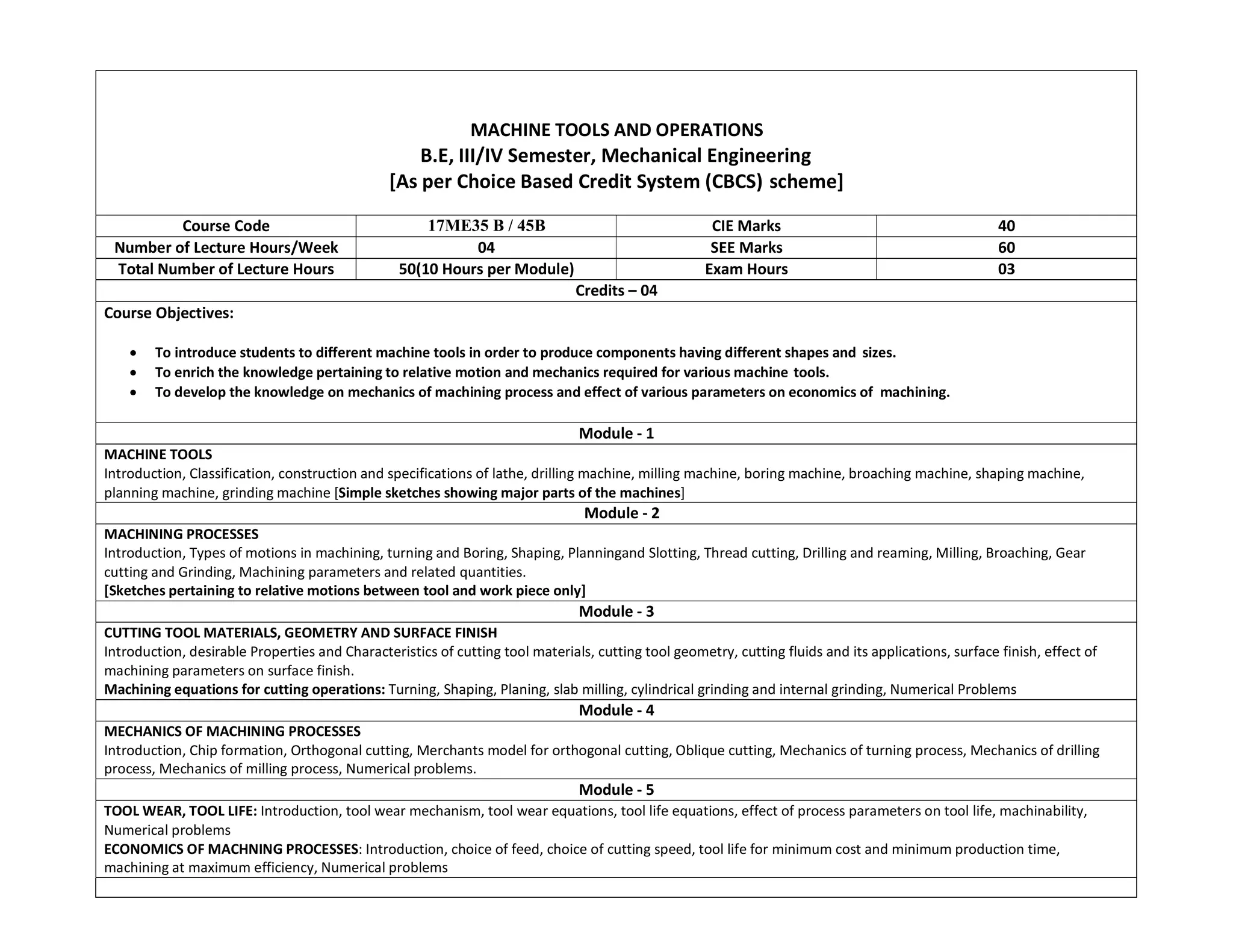 MACHINE TOOLS AND OPERATIONS
B.E, III/IV Semester, Mechanical Engineering
[As per Choice Based Credit System (CBCS) scheme]
Course Code 17ME35 B / 45B CIE Marks 40
Number of Lecture Hours/Week 04 SEE Marks 60
Total Number of Lecture Hours 50(10 Hours per Module) Exam Hours 03
Credits – 04
Course Objectives:
 To introduce students to different machine tools in order to produce components having different shapes and sizes.
 To enrich the knowledge pertaining to relative motion and mechanics required for various machine tools.
 To develop the knowledge on mechanics of machining process and effect of various parameters on economics of machining.
Module - 1
MACHINE TOOLS
Introduction, Classification, construction and specifications of lathe, drilling machine, milling machine, boring machine, broaching machine, shaping machine,
planning machine, grinding machine [Simple sketches showing major parts of the machines]
Module - 2
MACHINING PROCESSES
Introduction, Types of motions in machining, turning and Boring, Shaping, Planningand Slotting, Thread cutting, Drilling and reaming, Milling, Broaching, Gear
cutting and Grinding, Machining parameters and related quantities.
[Sketches pertaining to relative motions between tool and work piece only]
Module - 3
CUTTING TOOL MATERIALS, GEOMETRY AND SURFACE FINISH
Introduction, desirable Properties and Characteristics of cutting tool materials, cutting tool geometry, cutting fluids and its applications, surface finish, effect of
machining parameters on surface finish.
Machining equations for cutting operations: Turning, Shaping, Planing, slab milling, cylindrical grinding and internal grinding, Numerical Problems
Module - 4
MECHANICS OF MACHINING PROCESSES
Introduction, Chip formation, Orthogonal cutting, Merchants model for orthogonal cutting, Oblique cutting, Mechanics of turning process, Mechanics of drilling
process, Mechanics of milling process, Numerical problems.
Module - 5
TOOL WEAR, TOOL LIFE: Introduction, tool wear mechanism, tool wear equations, tool life equations, effect of process parameters on tool life, machinability,
Numerical problems
ECONOMICS OF MACHNING PROCESSES: Introduction, choice of feed, choice of cutting speed, tool life for minimum cost and minimum production time,
machining at maximum efficiency, Numerical problems
 