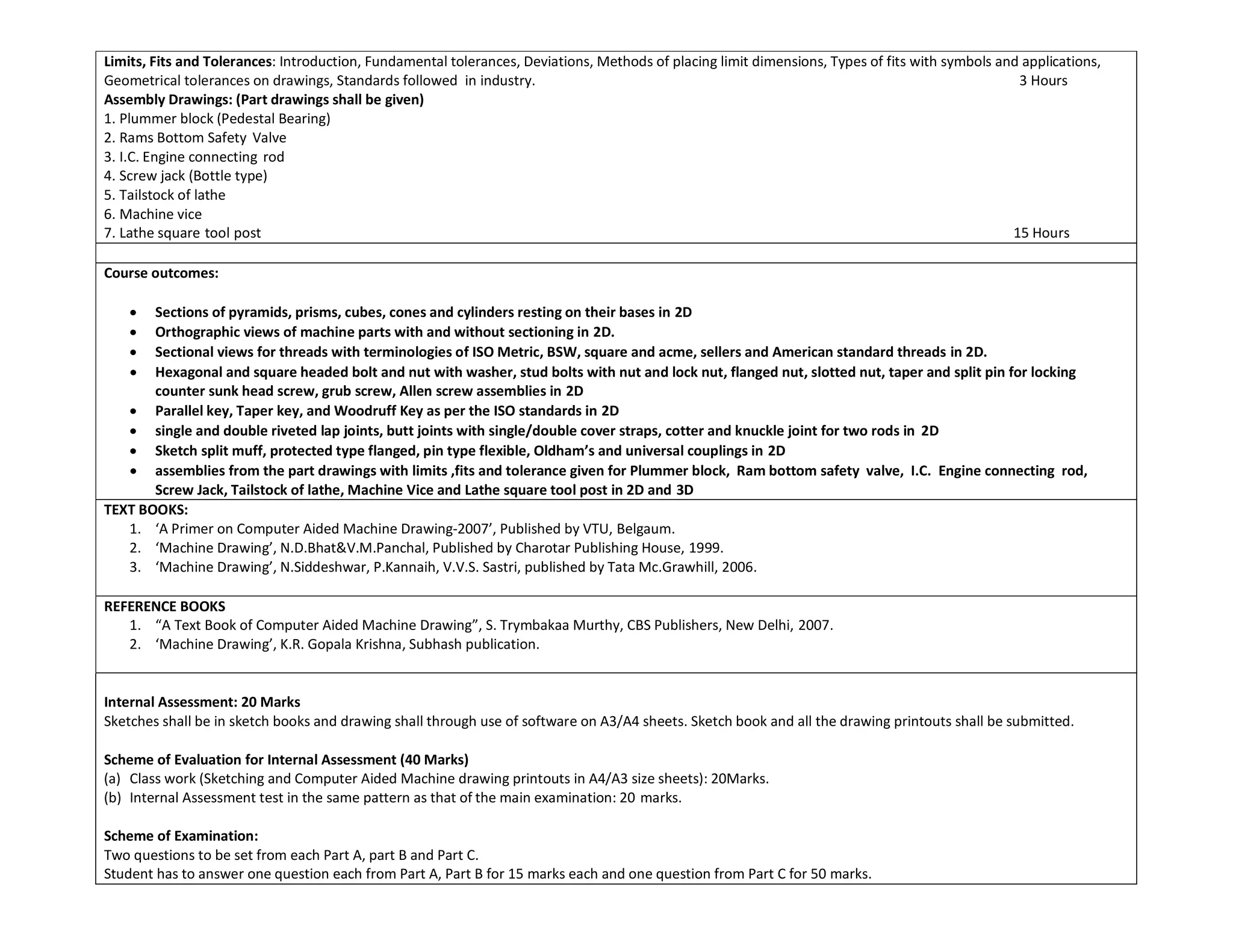 Limits, Fits and Tolerances: Introduction, Fundamental tolerances, Deviations, Methods of placing limit dimensions, Types of fits with symbols and applications,
Geometrical tolerances on drawings, Standards followed in industry. 3 Hours
Assembly Drawings: (Part drawings shall be given)
1. Plummer block (Pedestal Bearing)
2. Rams Bottom Safety Valve
3. I.C. Engine connecting rod
4. Screw jack (Bottle type)
5. Tailstock of lathe
6. Machine vice
7. Lathe square tool post 15 Hours
Course outcomes:
 Sections of pyramids, prisms, cubes, cones and cylinders resting on their bases in 2D
 Orthographic views of machine parts with and without sectioning in 2D.
 Sectional views for threads with terminologies of ISO Metric, BSW, square and acme, sellers and American standard threads in 2D.
 Hexagonal and square headed bolt and nut with washer, stud bolts with nut and lock nut, flanged nut, slotted nut, taper and split pin for locking
counter sunk head screw, grub screw, Allen screw assemblies in 2D
 Parallel key, Taper key, and Woodruff Key as per the ISO standards in 2D
 single and double riveted lap joints, butt joints with single/double cover straps, cotter and knuckle joint for two rods in 2D
 Sketch split muff, protected type flanged, pin type flexible, Oldham’s and universal couplings in 2D
 assemblies from the part drawings with limits ,fits and tolerance given for Plummer block, Ram bottom safety valve, I.C. Engine connecting rod,
Screw Jack, Tailstock of lathe, Machine Vice and Lathe square tool post in 2D and 3D
TEXT BOOKS:
1. ‘A Primer on Computer Aided Machine Drawing-2007’, Published by VTU, Belgaum.
2. ‘Machine Drawing’, N.D.Bhat&V.M.Panchal, Published by Charotar Publishing House, 1999.
3. ‘Machine Drawing’, N.Siddeshwar, P.Kannaih, V.V.S. Sastri, published by Tata Mc.Grawhill, 2006.
REFERENCE BOOKS
1. “A Text Book of Computer Aided Machine Drawing”, S. Trymbakaa Murthy, CBS Publishers, New Delhi, 2007.
2. ‘Machine Drawing’, K.R. Gopala Krishna, Subhash publication.
Internal Assessment: 20 Marks
Sketches shall be in sketch books and drawing shall through use of software on A3/A4 sheets. Sketch book and all the drawing printouts shall be submitted.
Scheme of Evaluation for Internal Assessment (40 Marks)
(a) Class work (Sketching and Computer Aided Machine drawing printouts in A4/A3 size sheets): 20Marks.
(b) Internal Assessment test in the same pattern as that of the main examination: 20 marks.
Scheme of Examination:
Two questions to be set from each Part A, part B and Part C.
Student has to answer one question each from Part A, Part B for 15 marks each and one question from Part C for 50 marks.
 