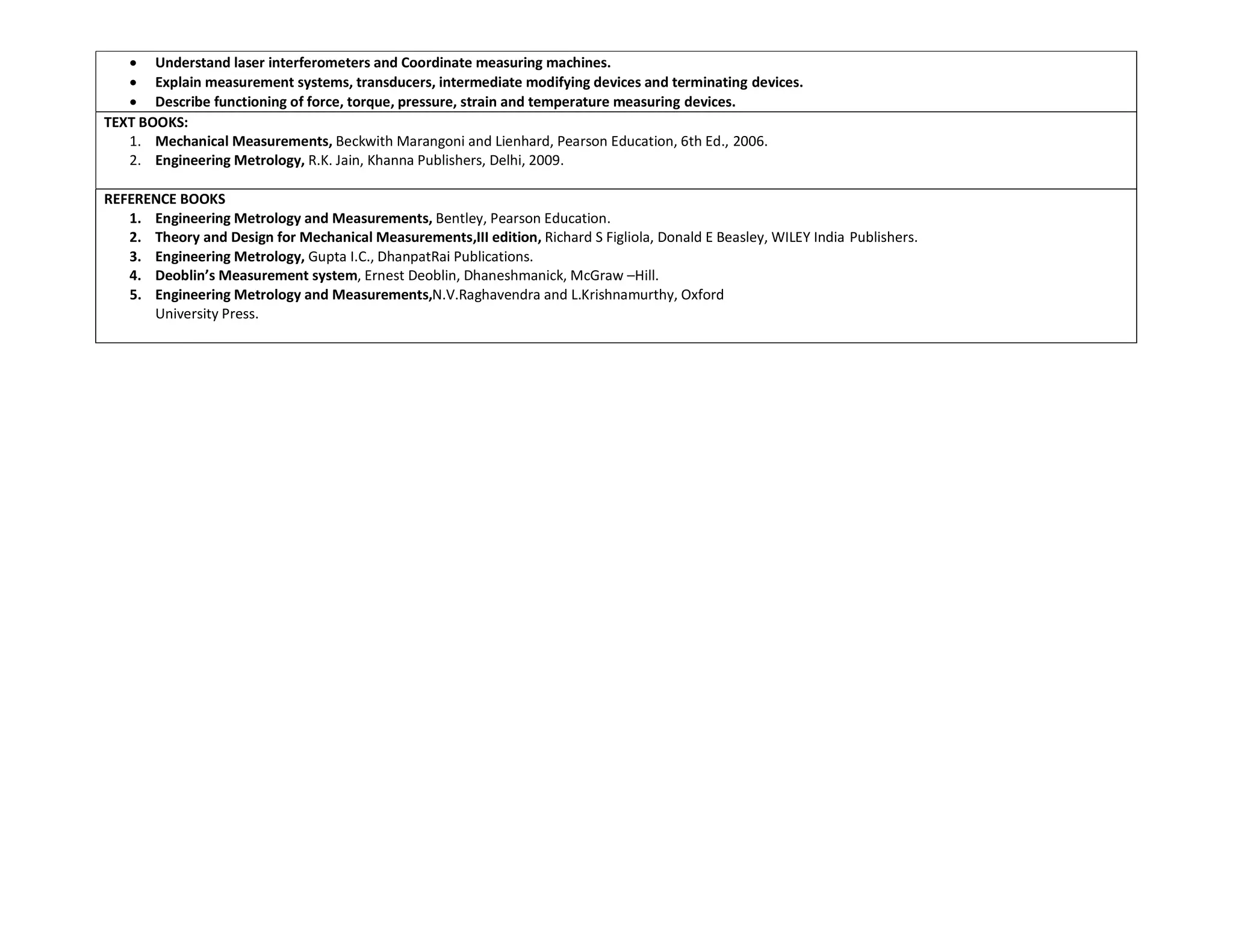  Understand laser interferometers and Coordinate measuring machines.
 Explain measurement systems, transducers, intermediate modifying devices and terminating devices.
 Describe functioning of force, torque, pressure, strain and temperature measuring devices.
TEXT BOOKS:
1. Mechanical Measurements, Beckwith Marangoni and Lienhard, Pearson Education, 6th Ed., 2006.
2. Engineering Metrology, R.K. Jain, Khanna Publishers, Delhi, 2009.
REFERENCE BOOKS
1. Engineering Metrology and Measurements, Bentley, Pearson Education.
2. Theory and Design for Mechanical Measurements,III edition, Richard S Figliola, Donald E Beasley, WILEY India Publishers.
3. Engineering Metrology, Gupta I.C., DhanpatRai Publications.
4. Deoblin’s Measurement system, Ernest Deoblin, Dhaneshmanick, McGraw –Hill.
5. Engineering Metrology and Measurements,N.V.Raghavendra and L.Krishnamurthy, Oxford
University Press.
 