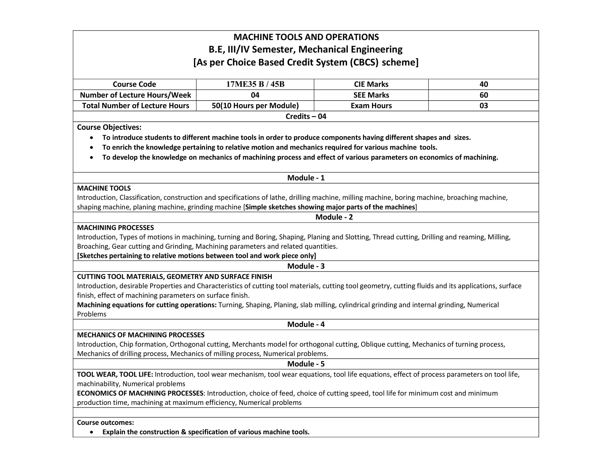 MACHINE TOOLS AND OPERATIONS
B.E, III/IV Semester, Mechanical Engineering
[As per Choice Based Credit System (CBCS) scheme]
Course Code 17ME35 B / 45B CIE Marks 40
Number of Lecture Hours/Week 04 SEE Marks 60
Total Number of Lecture Hours 50(10 Hours per Module) Exam Hours 03
Credits – 04
Course Objectives:
 To introduce students to different machine tools in order to produce components having different shapes and sizes.
 To enrich the knowledge pertaining to relative motion and mechanics required for various machine tools.
 To develop the knowledge on mechanics of machining process and effect of various parameters on economics of machining.
Module - 1
MACHINE TOOLS
Introduction, Classification, construction and specifications of lathe, drilling machine, milling machine, boring machine, broaching machine,
shaping machine, planing machine, grinding machine [Simple sketches showing major parts of the machines]
Module - 2
MACHINING PROCESSES
Introduction, Types of motions in machining, turning and Boring, Shaping, Planing and Slotting, Thread cutting, Drilling and reaming, Milling,
Broaching, Gear cutting and Grinding, Machining parameters and related quantities.
[Sketches pertaining to relative motions between tool and work piece only]
Module - 3
CUTTING TOOL MATERIALS, GEOMETRY AND SURFACE FINISH
Introduction, desirable Properties and Characteristics of cutting tool materials, cutting tool geometry, cutting fluids and its applications, surface
finish, effect of machining parameters on surface finish.
Machining equations for cutting operations: Turning, Shaping, Planing, slab milling, cylindrical grinding and internal grinding, Numerical
Problems
Module - 4
MECHANICS OF MACHINING PROCESSES
Introduction, Chip formation, Orthogonal cutting, Merchants model for orthogonal cutting, Oblique cutting, Mechanics of turning process,
Mechanics of drilling process, Mechanics of milling process, Numerical problems.
Module - 5
TOOL WEAR, TOOL LIFE: Introduction, tool wear mechanism, tool wear equations, tool life equations, effect of process parameters on tool life,
machinability, Numerical problems
ECONOMICS OF MACHNING PROCESSES: Introduction, choice of feed, choice of cutting speed, tool life for minimum cost and minimum
production time, machining at maximum efficiency, Numerical problems
Course outcomes:
 Explain the construction & specification of various machine tools.
 