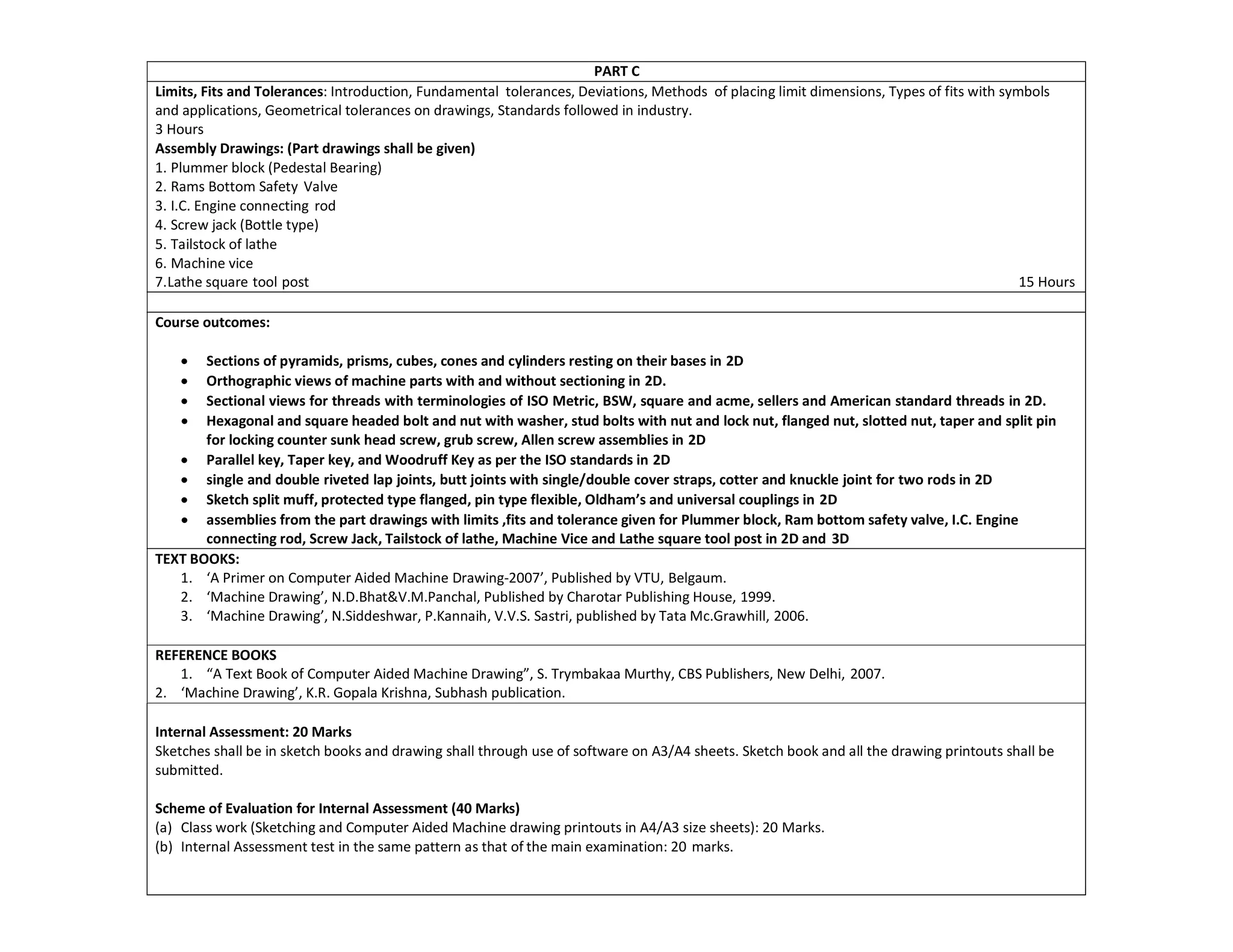PART C
Limits, Fits and Tolerances: Introduction, Fundamental tolerances, Deviations, Methods of placing limit dimensions, Types of fits with symbols
and applications, Geometrical tolerances on drawings, Standards followed in industry.
3 Hours
Assembly Drawings: (Part drawings shall be given)
1. Plummer block (Pedestal Bearing)
2. Rams Bottom Safety Valve
3. I.C. Engine connecting rod
4. Screw jack (Bottle type)
5. Tailstock of lathe
6. Machine vice
7.Lathe square tool post 15 Hours
Course outcomes:
 Sections of pyramids, prisms, cubes, cones and cylinders resting on their bases in 2D
 Orthographic views of machine parts with and without sectioning in 2D.
 Sectional views for threads with terminologies of ISO Metric, BSW, square and acme, sellers and American standard threads in 2D.
 Hexagonal and square headed bolt and nut with washer, stud bolts with nut and lock nut, flanged nut, slotted nut, taper and split pin
for locking counter sunk head screw, grub screw, Allen screw assemblies in 2D
 Parallel key, Taper key, and Woodruff Key as per the ISO standards in 2D
 single and double riveted lap joints, butt joints with single/double cover straps, cotter and knuckle joint for two rods in 2D
 Sketch split muff, protected type flanged, pin type flexible, Oldham’s and universal couplings in 2D
 assemblies from the part drawings with limits ,fits and tolerance given for Plummer block, Ram bottom safety valve, I.C. Engine
connecting rod, Screw Jack, Tailstock of lathe, Machine Vice and Lathe square tool post in 2D and 3D
TEXT BOOKS:
1. ‘A Primer on Computer Aided Machine Drawing-2007’, Published by VTU, Belgaum.
2. ‘Machine Drawing’, N.D.Bhat&V.M.Panchal, Published by Charotar Publishing House, 1999.
3. ‘Machine Drawing’, N.Siddeshwar, P.Kannaih, V.V.S. Sastri, published by Tata Mc.Grawhill, 2006.
REFERENCE BOOKS
1. “A Text Book of Computer Aided Machine Drawing”, S. Trymbakaa Murthy, CBS Publishers, New Delhi, 2007.
2. ‘Machine Drawing’, K.R. Gopala Krishna, Subhash publication.
Internal Assessment: 20 Marks
Sketches shall be in sketch books and drawing shall through use of software on A3/A4 sheets. Sketch book and all the drawing printouts shall be
submitted.
Scheme of Evaluation for Internal Assessment (40 Marks)
(a) Class work (Sketching and Computer Aided Machine drawing printouts in A4/A3 size sheets): 20 Marks.
(b) Internal Assessment test in the same pattern as that of the main examination: 20 marks.
 