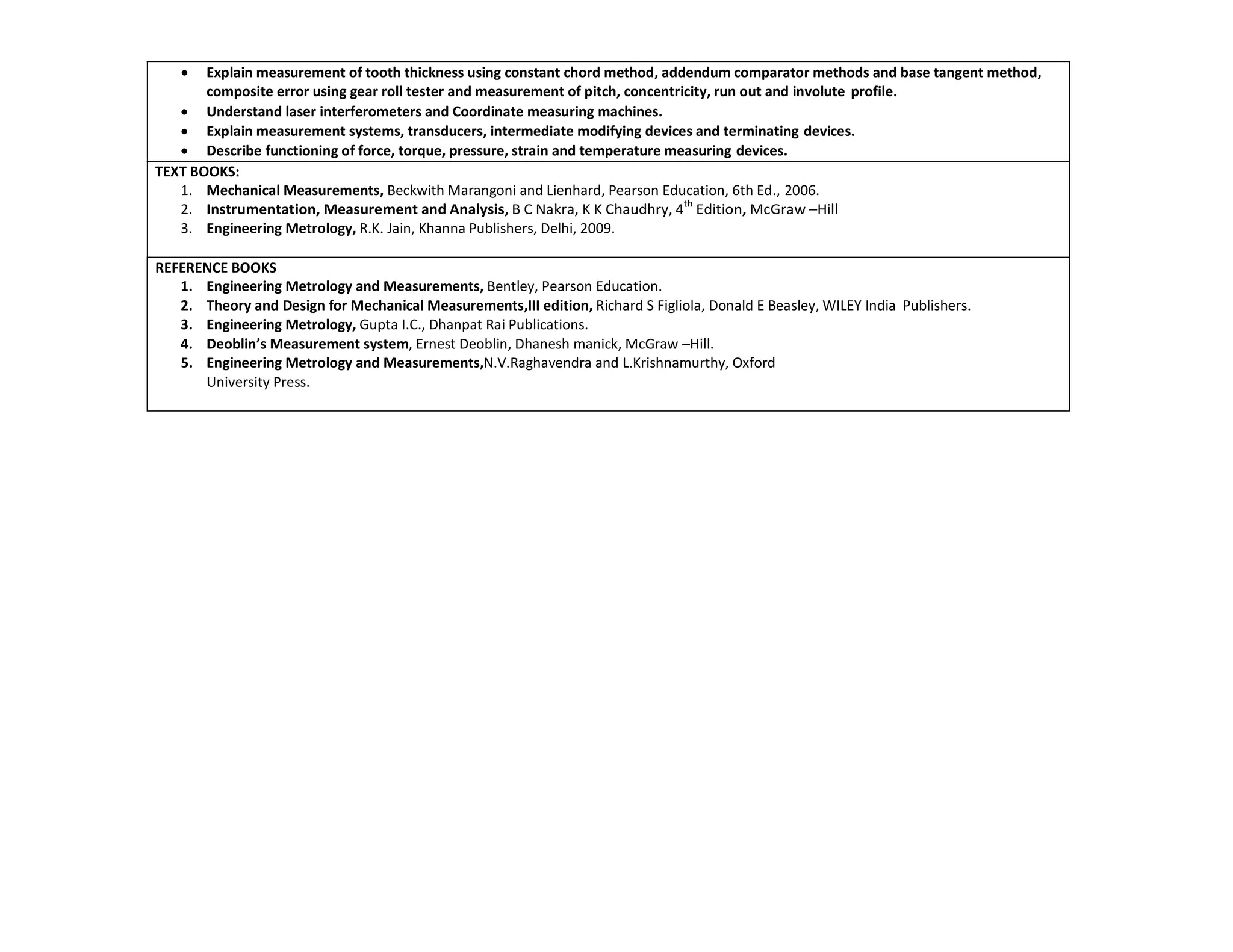  Explain measurement of tooth thickness using constant chord method, addendum comparator methods and base tangent method,
composite error using gear roll tester and measurement of pitch, concentricity, run out and involute profile.
 Understand laser interferometers and Coordinate measuring machines.
 Explain measurement systems, transducers, intermediate modifying devices and terminating devices.
 Describe functioning of force, torque, pressure, strain and temperature measuring devices.
TEXT BOOKS:
1. Mechanical Measurements, Beckwith Marangoni and Lienhard, Pearson Education, 6th Ed., 2006.
2. Instrumentation, Measurement and Analysis, B C Nakra, K K Chaudhry, 4th
Edition, McGraw –Hill
3. Engineering Metrology, R.K. Jain, Khanna Publishers, Delhi, 2009.
REFERENCE BOOKS
1. Engineering Metrology and Measurements, Bentley, Pearson Education.
2. Theory and Design for Mechanical Measurements,III edition, Richard S Figliola, Donald E Beasley, WILEY India Publishers.
3. Engineering Metrology, Gupta I.C., Dhanpat Rai Publications.
4. Deoblin’s Measurement system, Ernest Deoblin, Dhanesh manick, McGraw –Hill.
5. Engineering Metrology and Measurements,N.V.Raghavendra and L.Krishnamurthy, Oxford
University Press.
 