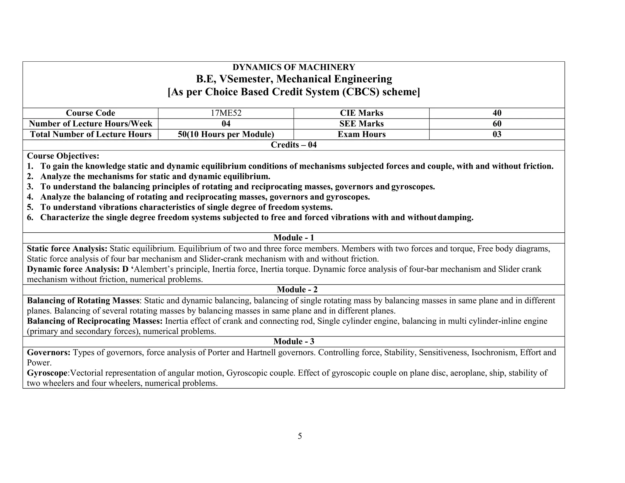 5
DYNAMICS OF MACHINERY
B.E, VSemester, Mechanical Engineering
[As per Choice Based Credit System (CBCS) scheme]
Course Code 17ME52 CIE Marks 40
Number of Lecture Hours/Week 04 SEE Marks 60
Total Number of Lecture Hours 50(10 Hours per Module) Exam Hours 03
Credits – 04
Course Objectives:
1. To gain the knowledge static and dynamic equilibrium conditions of mechanisms subjected forces and couple, with and without friction.
2. Analyze the mechanisms for static and dynamic equilibrium.
3. To understand the balancing principles of rotating and reciprocating masses, governors and gyroscopes.
4. Analyze the balancing of rotating and reciprocating masses, governors and gyroscopes.
5. To understand vibrations characteristics of single degree of freedom systems.
6. Characterize the single degree freedom systems subjected to free and forced vibrations with and withoutdamping.
Module - 1
Static force Analysis: Static equilibrium. Equilibrium of two and three force members. Members with two forces and torque, Free body diagrams,
Static force analysis of four bar mechanism and Slider-crank mechanism with and without friction.
Dynamic force Analysis: D ‘Alembert’s principle, Inertia force, Inertia torque. Dynamic force analysis of four-bar mechanism and Slider crank
mechanism without friction, numerical problems.
Module - 2
Balancing of Rotating Masses: Static and dynamic balancing, balancing of single rotating mass by balancing masses in same plane and in different
planes. Balancing of several rotating masses by balancing masses in same plane and in different planes.
Balancing of Reciprocating Masses: Inertia effect of crank and connecting rod, Single cylinder engine, balancing in multi cylinder-inline engine
(primary and secondary forces), numerical problems.
Module - 3
Governors: Types of governors, force analysis of Porter and Hartnell governors. Controlling force, Stability, Sensitiveness, Isochronism, Effort and
Power.
Gyroscope:Vectorial representation of angular motion, Gyroscopic couple. Effect of gyroscopic couple on plane disc, aeroplane, ship, stability of
two wheelers and four wheelers, numerical problems.
 