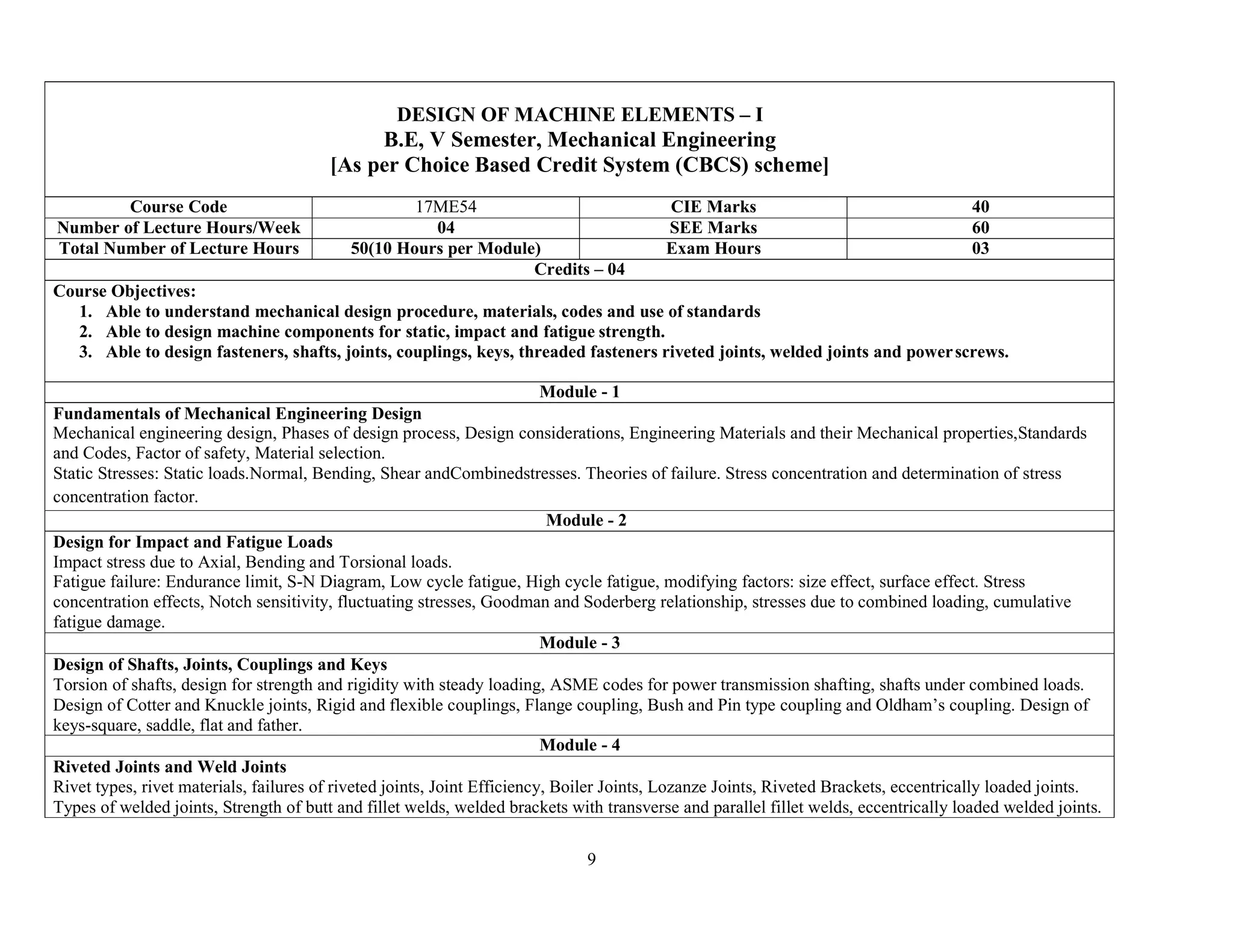 9
DESIGN OF MACHINE ELEMENTS – I
B.E, V Semester, Mechanical Engineering
[As per Choice Based Credit System (CBCS) scheme]
Course Code 17ME54 CIE Marks 40
Number of Lecture Hours/Week 04 SEE Marks 60
Total Number of Lecture Hours 50(10 Hours per Module) Exam Hours 03
Credits – 04
Course Objectives:
1. Able to understand mechanical design procedure, materials, codes and use of standards
2. Able to design machine components for static, impact and fatigue strength.
3. Able to design fasteners, shafts, joints, couplings, keys, threaded fasteners riveted joints, welded joints and powerscrews.
Module - 1
Fundamentals of Mechanical Engineering Design
Mechanical engineering design, Phases of design process, Design considerations, Engineering Materials and their Mechanical properties,Standards
and Codes, Factor of safety, Material selection.
Static Stresses: Static loads.Normal, Bending, Shear andCombinedstresses. Theories of failure. Stress concentration and determination of stress
concentration factor.
Module - 2
Design for Impact and Fatigue Loads
Impact stress due to Axial, Bending and Torsional loads.
Fatigue failure: Endurance limit, S-N Diagram, Low cycle fatigue, High cycle fatigue, modifying factors: size effect, surface effect. Stress
concentration effects, Notch sensitivity, fluctuating stresses, Goodman and Soderberg relationship, stresses due to combined loading, cumulative
fatigue damage.
Module - 3
Design of Shafts, Joints, Couplings and Keys
Torsion of shafts, design for strength and rigidity with steady loading, ASME codes for power transmission shafting, shafts under combined loads.
Design of Cotter and Knuckle joints, Rigid and flexible couplings, Flange coupling, Bush and Pin type coupling and Oldham’s coupling. Design of
keys-square, saddle, flat and father.
Module - 4
Riveted Joints and Weld Joints
Rivet types, rivet materials, failures of riveted joints, Joint Efficiency, Boiler Joints, Lozanze Joints, Riveted Brackets, eccentrically loaded joints.
Types of welded joints, Strength of butt and fillet welds, welded brackets with transverse and parallel fillet welds, eccentrically loaded welded joints.
 