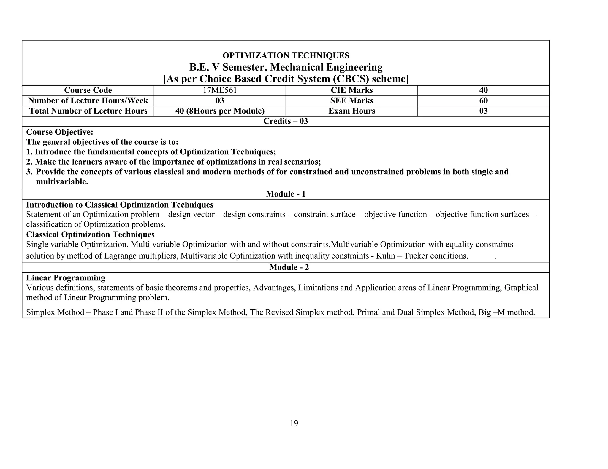 19
OPTIMIZATION TECHNIQUES
B.E, V Semester, Mechanical Engineering
[As per Choice Based Credit System (CBCS) scheme]
Course Code 17ME561 CIE Marks 40
Number of Lecture Hours/Week 03 SEE Marks 60
Total Number of Lecture Hours 40 (8Hours per Module) Exam Hours 03
Credits – 03
Course Objective:
The general objectives of the course is to:
1. Introduce the fundamental concepts of Optimization Techniques;
2. Make the learners aware of the importance of optimizations in real scenarios;
3. Provide the concepts of various classical and modern methods of for constrained and unconstrained problems in both single and
multivariable.
Module - 1
Introduction to Classical Optimization Techniques
Statement of an Optimization problem – design vector – design constraints – constraint surface – objective function – objective function surfaces –
classification of Optimization problems.
Classical Optimization Techniques
Single variable Optimization, Multi variable Optimization with and without constraints,Multivariable Optimization with equality constraints -
solution by method of Lagrange multipliers, Multivariable Optimization with inequality constraints - Kuhn – Tucker conditions. .
Module - 2
Linear Programming
Various definitions, statements of basic theorems and properties, Advantages, Limitations and Application areas of Linear Programming, Graphical
method of Linear Programming problem.
Simplex Method – Phase I and Phase II of the Simplex Method, The Revised Simplex method, Primal and Dual Simplex Method, Big –M method.
 