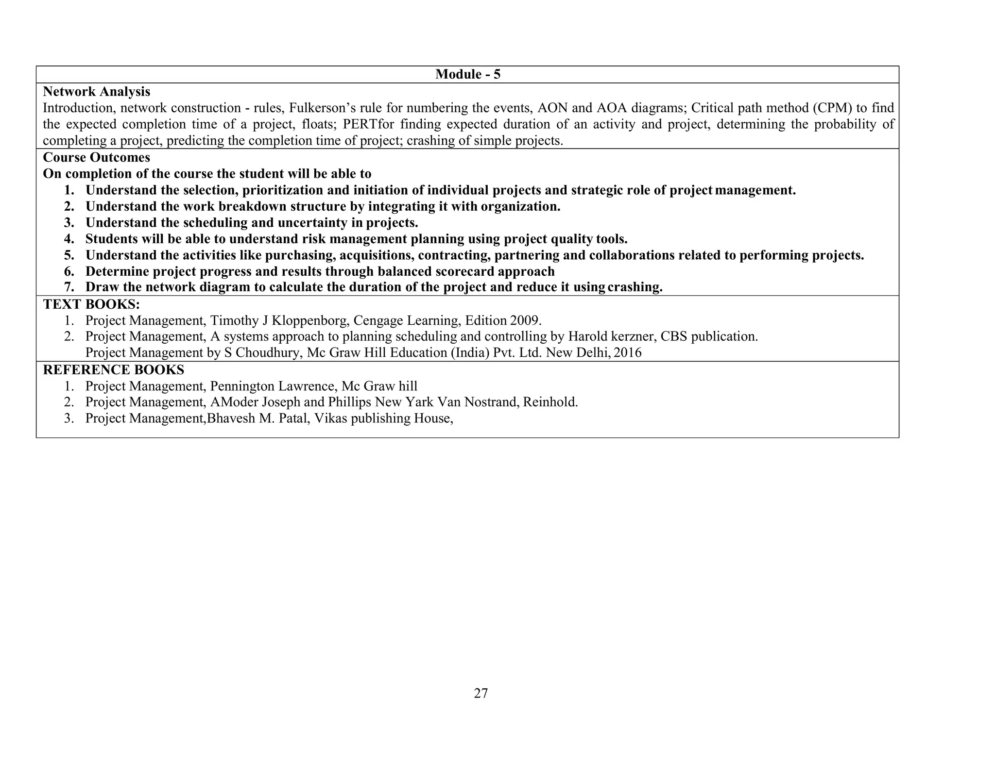 27
Module - 5
Network Analysis
Introduction, network construction - rules, Fulkerson’s rule for numbering the events, AON and AOA diagrams; Critical path method (CPM) to find
the expected completion time of a project, floats; PERTfor finding expected duration of an activity and project, determining the probability of
completing a project, predicting the completion time of project; crashing of simple projects.
Course Outcomes
On completion of the course the student will be able to
1. Understand the selection, prioritization and initiation of individual projects and strategic role of project management.
2. Understand the work breakdown structure by integrating it with organization.
3. Understand the scheduling and uncertainty in projects.
4. Students will be able to understand risk management planning using project quality tools.
5. Understand the activities like purchasing, acquisitions, contracting, partnering and collaborations related to performing projects.
6. Determine project progress and results through balanced scorecard approach
7. Draw the network diagram to calculate the duration of the project and reduce it usingcrashing.
TEXT BOOKS:
1. Project Management, Timothy J Kloppenborg, Cengage Learning, Edition 2009.
2. Project Management, A systems approach to planning scheduling and controlling by Harold kerzner, CBS publication.
Project Management by S Choudhury, Mc Graw Hill Education (India) Pvt. Ltd. New Delhi, 2016
REFERENCE BOOKS
1. Project Management, Pennington Lawrence, Mc Graw hill
2. Project Management, AModer Joseph and Phillips New Yark Van Nostrand, Reinhold.
3. Project Management,Bhavesh M. Patal, Vikas publishing House,
 