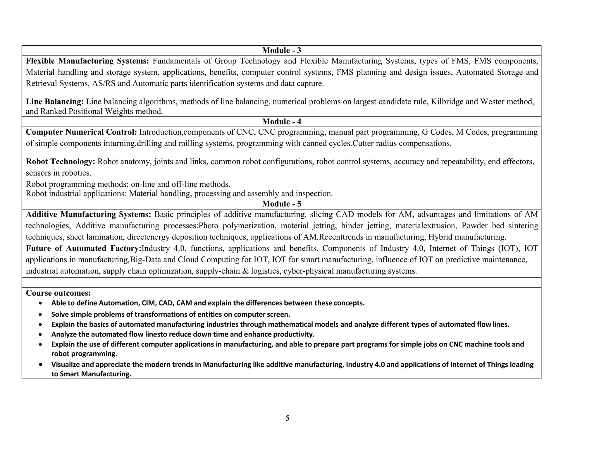 5
Module - 3
Flexible Manufacturing Systems: Fundamentals of Group Technology and Flexible Manufacturing Systems, types of FMS, FMS components,
Material handling and storage system, applications, benefits, computer control systems, FMS planning and design issues, Automated Storage and
Retrieval Systems, AS/RS and Automatic parts identification systems and data capture.
Line Balancing: Line balancing algorithms, methods of line balancing, numerical problems on largest candidate rule, Kilbridge and Wester method,
and Ranked Positional Weights method.
Module - 4
Computer Numerical Control: Introduction,components of CNC, CNC programming, manual part programming, G Codes, M Codes, programming
of simple components inturning,drilling and milling systems, programming with canned cycles.Cutter radius compensations.
Robot Technology: Robot anatomy, joints and links, common robot configurations, robot control systems, accuracy and repeatability, end effectors,
sensors in robotics.
Robot programming methods: on-line and off-line methods.
Robot industrial applications: Material handling, processing and assembly and inspection.
Module - 5
Additive Manufacturing Systems: Basic principles of additive manufacturing, slicing CAD models for AM, advantages and limitations of AM
technologies, Additive manufacturing processes:Photo polymerization, material jetting, binder jetting, materialextrusion, Powder bed sintering
techniques, sheet lamination, directenergy deposition techniques, applications of AM.Recenttrends in manufacturing, Hybrid manufacturing.
Future of Automated Factory:Industry 4.0, functions, applications and benefits. Components of Industry 4.0, Internet of Things (IOT), IOT
applications in manufacturing,Big-Data and Cloud Computing for IOT, IOT for smart manufacturing, influence of IOT on predictive maintenance,
industrial automation, supply chain optimization, supply-chain & logistics, cyber-physical manufacturing systems.
Course outcomes:
 Able to define Automation, CIM, CAD, CAM and explain the differences between these concepts.
 Solve simple problems of transformations of entities on computer screen.
 Explain the basics of automated manufacturing industries through mathematical models and analyze different types of automated flowlines.
 Analyze the automated flow linesto reduce down time and enhance productivity.
 Explain the use of different computer applications in manufacturing, and able to prepare part programs for simple jobs on CNC machine tools and
robot programming.
 Visualize and appreciate the modern trends in Manufacturing like additive manufacturing, Industry 4.0 and applications of Internet of Things leading
to Smart Manufacturing.
 