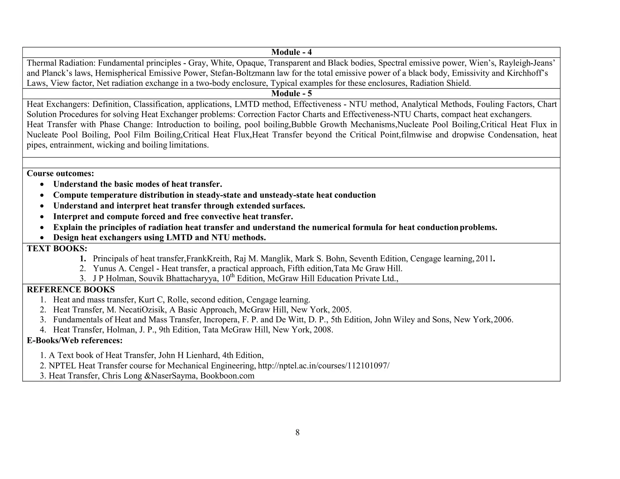 8
Module - 4
Thermal Radiation: Fundamental principles - Gray, White, Opaque, Transparent and Black bodies, Spectral emissive power, Wien’s, Rayleigh-Jeans’
and Planck’s laws, Hemispherical Emissive Power, Stefan-Boltzmann law for the total emissive power of a black body, Emissivity and Kirchhoff’s
Laws, View factor, Net radiation exchange in a two-body enclosure, Typical examples for these enclosures, Radiation Shield.
Module - 5
Heat Exchangers: Definition, Classification, applications, LMTD method, Effectiveness - NTU method, Analytical Methods, Fouling Factors, Chart
Solution Procedures for solving Heat Exchanger problems: Correction Factor Charts and Effectiveness-NTU Charts, compact heat exchangers.
Heat Transfer with Phase Change: Introduction to boiling, pool boiling,Bubble Growth Mechanisms,Nucleate Pool Boiling,Critical Heat Flux in
Nucleate Pool Boiling, Pool Film Boiling,Critical Heat Flux,Heat Transfer beyond the Critical Point,filmwise and dropwise Condensation, heat
pipes, entrainment, wicking and boiling limitations.
Course outcomes:
 Understand the basic modes of heat transfer.
 Compute temperature distribution in steady-state and unsteady-state heat conduction
 Understand and interpret heat transfer through extended surfaces.
 Interpret and compute forced and free convective heat transfer.
 Explain the principles of radiation heat transfer and understand the numerical formula for heat conductionproblems.
 Design heat exchangers using LMTD and NTU methods.
TEXT BOOKS:
1. Principals of heat transfer,FrankKreith, Raj M. Manglik, Mark S. Bohn, Seventh Edition, Cengage learning,2011.
2. Yunus A. Cengel - Heat transfer, a practical approach, Fifth edition,Tata Mc Graw Hill.
3. J P Holman, Souvik Bhattacharyya, 10th
Edition, McGraw Hill Education Private Ltd.,
REFERENCE BOOKS
1. Heat and mass transfer, Kurt C, Rolle, second edition, Cengage learning.
2. Heat Transfer, M. NecatiOzisik, A Basic Approach, McGraw Hill, New York, 2005.
3. Fundamentals of Heat and Mass Transfer, Incropera, F. P. and De Witt, D. P., 5th Edition, John Wiley and Sons, New York,2006.
4. Heat Transfer, Holman, J. P., 9th Edition, Tata McGraw Hill, New York, 2008.
E-Books/Web references:
1. A Text book of Heat Transfer, John H Lienhard, 4th Edition,
2. NPTEL Heat Transfer course for Mechanical Engineering, http://nptel.ac.in/courses/112101097/
3. Heat Transfer, Chris Long &NaserSayma, Bookboon.com
 