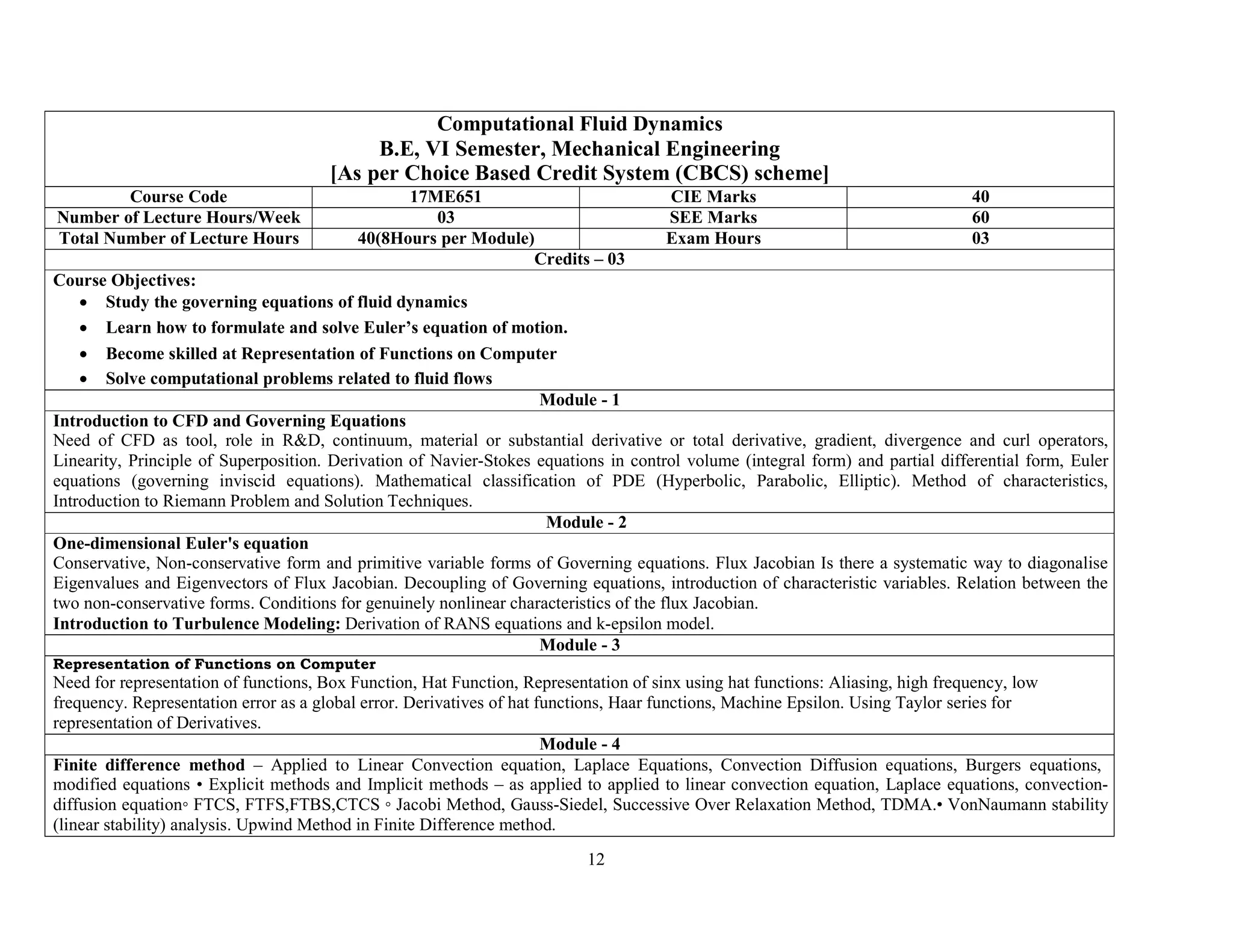 12
Computational Fluid Dynamics
B.E, VI Semester, Mechanical Engineering
[As per Choice Based Credit System (CBCS) scheme]
Course Code 17ME651 CIE Marks 40
Number of Lecture Hours/Week 03 SEE Marks 60
Total Number of Lecture Hours 40(8Hours per Module) Exam Hours 03
Credits – 03
Course Objectives:
 Study the governing equations of fluid dynamics
 Learn how to formulate and solve Euler’s equation of motion.
 Become skilled at Representation of Functions on Computer
 Solve computational problems related to fluid flows
Module - 1
Introduction to CFD and Governing Equations
Need of CFD as tool, role in R&D, continuum, material or substantial derivative or total derivative, gradient, divergence and curl operators,
Linearity, Principle of Superposition. Derivation of Navier-Stokes equations in control volume (integral form) and partial differential form, Euler
equations (governing inviscid equations). Mathematical classification of PDE (Hyperbolic, Parabolic, Elliptic). Method of characteristics,
Introduction to Riemann Problem and Solution Techniques.
Module - 2
One-dimensional Euler's equation
Conservative, Non-conservative form and primitive variable forms of Governing equations. Flux Jacobian Is there a systematic way to diagonalise
Eigenvalues and Eigenvectors of Flux Jacobian. Decoupling of Governing equations, introduction of characteristic variables. Relation between the
two non-conservative forms. Conditions for genuinely nonlinear characteristics of the flux Jacobian.
Introduction to Turbulence Modeling: Derivation of RANS equations and k-epsilon model.
Module - 3
Representation of Functions on Computer
Need for representation of functions, Box Function, Hat Function, Representation of sinx using hat functions: Aliasing, high frequency, low
frequency. Representation error as a global error. Derivatives of hat functions, Haar functions, Machine Epsilon. Using Taylor series for
representation of Derivatives.
Module - 4
Finite difference method – Applied to Linear Convection equation, Laplace Equations, Convection Diffusion equations, Burgers equations,
modified equations • Explicit methods and Implicit methods – as applied to applied to linear convection equation, Laplace equations, convection-
diffusion equation◦ FTCS, FTFS,FTBS,CTCS ◦ Jacobi Method, Gauss-Siedel, Successive Over Relaxation Method, TDMA.• VonNaumann stability
(linear stability) analysis. Upwind Method in Finite Difference method.
 