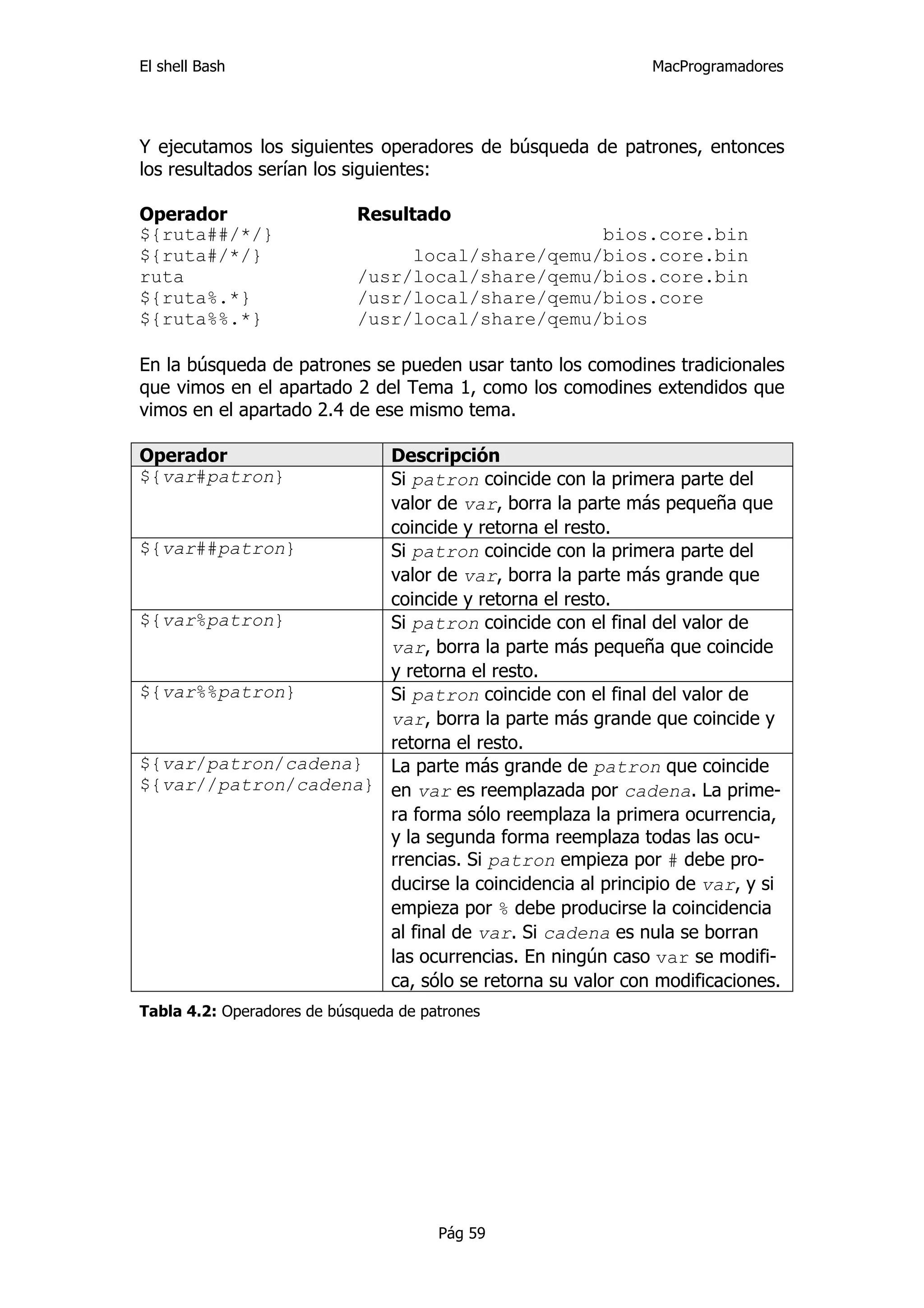 El shell Bash                                              MacProgramadores




Y ejecutamos los siguientes operadores de búsqueda de patrones, entonces
los resultados serían los siguientes:

Operador                    Resultado
${ruta##/*/}                                      bios.core.bin
${ruta#/*/}                      local/share/qemu/bios.core.bin
ruta                        /usr/local/share/qemu/bios.core.bin
${ruta%.*}                  /usr/local/share/qemu/bios.core
${ruta%%.*}                 /usr/local/share/qemu/bios

En la búsqueda de patrones se pueden usar tanto los comodines tradicionales
que vimos en el apartado 2 del Tema 1, como los comodines extendidos que
vimos en el apartado 2.4 de ese mismo tema.

Operador              Descripción
${var#patron}         Si patron coincide con la primera parte del
                      valor de var, borra la parte más pequeña que
                      coincide y retorna el resto.
${var##patron}        Si patron coincide con la primera parte del
                      valor de var, borra la parte más grande que
                      coincide y retorna el resto.
${var%patron}         Si patron coincide con el final del valor de
                      var, borra la parte más pequeña que coincide
                      y retorna el resto.
${var%%patron}        Si patron coincide con el final del valor de
                      var, borra la parte más grande que coincide y
                      retorna el resto.
${var/patron/cadena}  La parte más grande de patron que coincide
${var//patron/cadena} en var es reemplazada por cadena. La prime-
                      ra forma sólo reemplaza la primera ocurrencia,
                      y la segunda forma reemplaza todas las ocu-
                      rrencias. Si patron empieza por # debe pro-
                      ducirse la coincidencia al principio de var, y si
                      empieza por % debe producirse la coincidencia
                      al final de var. Si cadena es nula se borran
                      las ocurrencias. En ningún caso var se modifi-
                      ca, sólo se retorna su valor con modificaciones.
Tabla 4.2: Operadores de búsqueda de patrones




                                       Pág 59
 