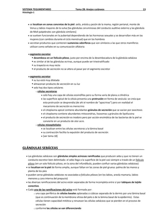 SISTEMA TEGUMENTARIO Tema 28: Anejos cutáneos 13
Histología-1
• se localizan en zonas concretas de la piel: axila, aréola y pezón de la mama, región perianal, monte de
Venus y labios mayores de la vulva [las glándulas ceruminosas del conducto auditivo externo y las glándula
de Moll palpebrales son glándula similares]
• se vuelven funcionales en la pubertad dependiendo de las hormonas sexuales y se desarrollan más en las
mujeres (con cambios durante el ciclo menstrual) que en los hombres
• secretan productos que contienen sustancias odoríferas que son similares a las que otros mamíferos
utilizan como señales en su comunicación olfatoria
♦segmento excretor
 desemboca en un folículo piloso, justo por encima de la desembocadura de la glándula sebácea
 es similar al de las glándulas ecrinas, aunque puede ser triestratificado
 su trayecto es muy recto
 el producto de secreción no se altera al pasar por el segmento excretor
♦segmento secretor
 su luz está muy dilatada
 almacenan producto de secreción en su luz
 solo hay dos tipos celulares
o células secretoras
• solo hay una capa de células eosinófilas pero su forma varía de plana a cilíndrica
• las superficie apical de la célula presenta una protrusión en forma de vesícula: se creía que
esta protrusión se desprendía (de ahí el nombre de “apocrinas”) pero en realidad el
mecanismo de secreción es merocrino
• el citoplasma apical contiene abundantes gránulos de secreción que se vacían por exocitosis
• el citoplasma contiene abundantes mitocondrias, lisosomas y gránulos de lipofucsina
• el producto de secreción es inodoro pero por acción enzimática de las bacterias de la piel se
convierte en un producto de olor acre.
o células mioepiteliales
• se localizan entre las células secretoras y la lámina basal
• su contracción facilita la expulsión del producto de secreción
• [ver tema 18]
GLÁNDULAS SEBÁCEAS
• Las glándulas sebáceas son glándulas simples acinosas ramificadas que producen sebo y que no tienen un
conducto excretor bien delimitado: el sebo llega a la superficie de la piel casi siempre a través de un folículo
piloso (en un solo folículo piloso, en la zona del infundíbulo, pueden confluir varias glándulas sebáceas)
• se localizan en la piel de forma amplia, aunque faltan en las zonas de piel gruesa: palma de las manos y
planta de los pies
• pueden verse glándulas sebáceas no asociadas a folículos pilosos (en los labios, areola mamaria, labios
menores y cara interna del prepucio)
• las diversas ramificaciones del acino están separadas de forma incompleta entre sí por tabiques de tejido
conectivo.
• Cada una de las ramificaciones del acino está formada por:
o una capa periférica de células basales aplanadas o cúbicas separada de la dermis por una lámina basal
(que es continuación de la membrana vítrea del pelo o de la lámina basal de la epidermis). Estas
células tienen capacidad mitótica y renuevan las células sebáceas que se pierden en el proceso de
secreción
o conforme las células se van diferenciando
 