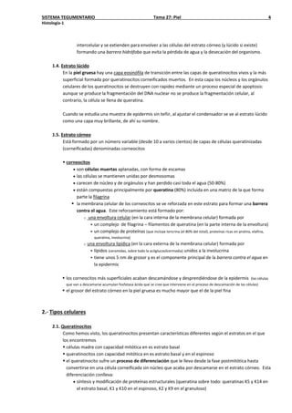 SISTEMA TEGUMENTARIO Tema 27: Piel 4
Histología-1
intercelular y se extienden para envolver a las células del estrato córneo (y lúcido si existe)
formando una barrera hidrófoba que evita la pérdida de agua y la desecación del organismo.
1.4. Estrato lúcido
En la piel gruesa hay una capa eosinófila de transición entre las capas de queratinocitos vivos y la más
superficial formada por queratinocitos corneificados muertos. En esta capa los núcleos y los orgánulos
celulares de los queratinocitos se destruyen con rapidez mediante un proceso especial de apoptosis:
aunque se produce la fragmentación del DNA nuclear no se produce la fragmentación celular, al
contrario, la célula se llena de queratina.
Cuando se estudia una muestra de epidermis sin teñir, al ajustar el condensador se ve al estrato lúcido
como una capa muy brillante, de ahí su nombre.
1.5. Estrato córneo
Está formado por un número variable (desde 10 a varios cientos) de capas de células queratinizadas
(corneificadas) denominadas corneocitos
 corneocitos
• son células muertas aplanadas, con forma de escamas
• las células se mantienen unidas por desmosomas
• carecen de núcleo y de orgánulos y han perdido casi toda el agua (50-80%)
• están compuestas principalmente por queratina (80%) incluida en una matriz de la que forma
parte la filagrina
 la membrana celular de los corneocitos se ve reforzada en este estrato para formar una barrera
contra el agua. Este reforzamiento está formado por:
o una envoltura celular (en la cara interna de la membrana celular) formada por
 un complejo de filagrina – filamentos de queratina (en la parte interna de la envoltura)
 un complejo de proteínas [que incluye loricrina (el 80% del total), proteínas ricas en prolina, elafina,
queratina, involucrina]
o una envoltura lipídica (en la cara externa de la membrana celular) formada por
 lípidos (ceramidas, sobre todo la acilglucosilcermadia) unidos a la involucrina
 tiene unos 5 nm de grosor y es el componente principal de la barrera contra el agua en
la epidermis
 los corneocitos más superficiales acaban descamándose y desprendiéndose de la epidermis (las células
que van a descamarse acumulan fosfatasa ácida que se cree que interviene en el proceso de descamación de las células)
 el grosor del estrato córneo en la piel gruesa es mucho mayor que el de la piel fina
2.- Tipos celulares
2.1. Queratinocitos
Como hemos visto, los queratinocitos presentan características diferentes según el estratos en el que
los encontremos
 células madre con capacidad mitótica en es estrato basal
 queratinocitos con capacidad mitótica en es estrato basal y en el espinoso
 el queratinocito sufre un proceso de diferenciación que le lleva desde la fase postmitótica hasta
convertirse en una célula corneificada sin núcleo que acaba por descamarse en el estrato córneo. Esta
diferenciación conlleva:
• síntesis y modificación de proteínas estructurales (queratina sobre todo: queratinas K5 y K14 en
el estrato basal, K1 y K10 en el espinoso, K2 y K9 en el granuloso)
 