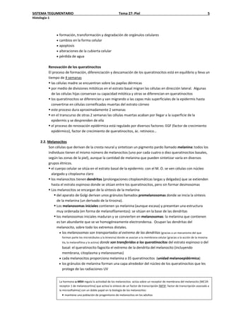 SISTEMA TEGUMENTARIO Tema 27: Piel 5
Histología-1
• formación, transformación y degradación de orgánulos celulares
• cambios en la forma celular
• apoptosis
• alteraciones de la cubierta celular
• pérdida de agua
Renovación de los queratinocitos
El proceso de formación, diferenciación y descamación de los queratinocitos está en equilibrio y lleva un
tiempo de 4 semanas
 las células madre se encuentran sobre las papilas dérmicas
 por medio de divisiones mitóticas en el estrato basal migran las células en dirección lateral. Algunas
de las células hijas conservan su capacidad mitótica y otras se diferencian en queratinocitos
 los queratinocitos se diferencian y van migrando a las capas más superficiales de la epidermis hasta
convertirse en células corneificadas muertas del estrato córneo
 este proceso dura aproximadamente 2 semanas
 en el transcurso de otras 2 semanas las células muertas acaban por llegar a la superficie de la
epidermis y se desprenden de ella
 el proceso de renovación epidérmica está regulado por diversos factores: EGF (factor de crecimiento
epidérmico), factor de crecimiento de queratinocitos, ác. retinoico…
2.2. Melanocitos
Son células que derivan de la cresta neural y sintetizan un pigmento pardo llamado melanina: todos los
individuos tienen el mismo número de melanocitos (uno por cada cuatro o diez queratinocitos basales,
según las zonas de la piel), aunque la cantidad de melanina que pueden sintetizar varía en diversos
grupos étnicos.
 el cuerpo celular se sitúa en el estrato basal de la epidermis: con el M. O. se ven células con núcleo
alargado y citoplasma claro
 los melanocitos tienen dendritas (prolongaciones citoplasmáticas largas y delgadas) que se extienden
hasta el estrato espinoso donde se sitúan entre los queratinocitos, pero sin formar desmosomas
 Los melanocitos se encargan de la síntesis de la melanina
 del aparato de Golgi derivan unos gránulos llamados premelanosomas donde se inicia la síntesis
de la melanina (un derivado de la tirosina).
 Los melanosomas iniciales contienen ya melanina (aunque escasa) y presentan una estructura
muy ordenada (en forma de melanofilamentos): se sitúan en la base de las dendritas
 los melanosomas iniciales maduran y se convierten en melanosomas: la melanina que contienen
es tan abundante que se ve homogéneamente electrondensa. Ocupan las dendritas del
melanocito, sobre todo los extremos distales.
• los melanosomas son transportados al extremo de las dendritas (gracias a un mecanismo del que
forman parte los microtúbulos y la kinesina) donde se asocian a la membrana celular (gracias a la acción de la miosina
Va, la melanofilina y la actina) donde son transferidos a los queratinocitos del estrato espinoso o del
basal: el queratinocito fagocita el extremo de la dendrita del melanocito (incluyendo
membrana, citoplasma y melanosomas)
• cada melanocitos proporciona melanina a 35 queratinocitos (unidad melanoepidérmica)
• los gránulos de melanina forman una capa alrededor del núcleo de los queratinocitos que les
protege de las radiaciones UV
La hormona α-MSH regula la actividad de los melanocitos: actúa sobre un receptor de membrana del melanocito [MC1R:
receptor 1 de melanocortina] que activa la síntesis de un factor de transcripción [MTIF: factor de transcripción asociado a
la microoftalmía] con un doble papel en la biología de los melanocitos:
• mantiene una población de progenitores de melanocitos en los adultos
 