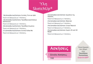 18η Εκπαιδευτική Ενότητα: Εντολές Trim και Split
Πρακτική Εφαρμογή με 3 Ασκήσεις
19η Εκπαιδευτική Ενότητα: Προσθήκη Διαστάσεων
(Dimension)
Πρακτική Εφαρμογή με 3 Ασκήσεις
20η Εκπαιδευτική Ενότητα: Προσθήκη Κειμένου
Πρακτική Εφαρμογή με 4 Ασκήσεις
21η Εκπαιδευτική Ενότητα: Εντολή Follow Me
Πρακτική Εφαρμογή με 3 Ασκήσεις
Ασκήσεις
• Σύνολο Ασκήσεις:
102
Τελική Εργασία
που οδηγεί
στην
Πανελλήνια
Πιστοποίηση
Ε.Ο.Π.Π.ΕΠ®
22η Εκπαιδευτική Ενότητα: Εργαλείο της
κάμερας
Πρακτική Εφαρμογή με 2 Ασκήσεις
23η Εκπαιδευτική Ενότητα: Materials
Πρακτική Εφαρμογή με 3 Ασκήσεις
24η Εκπαιδευτική Ενότητα: Create Material
Πρακτική Εφαρμογή με 4 Ασκήσεις
25η Εκπαιδευτική Ενότητα: Export 2D and 3D
Model
Πρακτική Εφαρμογή με 3 Ασκήσεις
Ύλη
SketchUp®
 