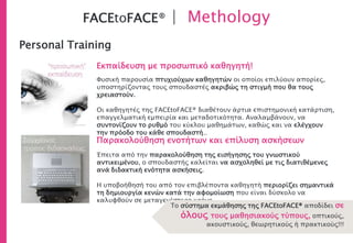 FACEtoFACE® | Methology
Personal Training
Φυσική παρουσία πτυχιούχων καθηγητών οι οποίοι επιλύουν απορίες,
υποστηρίζοντας τους σπουδαστές ακριβώς τη στιγμή που θα τους
χρειαστούν.
Οι καθηγητές της FACEtoFACE® διαθέτουν άρτια επιστημονική κατάρτιση,
επαγγελματική εμπειρία και μεταδοτικότητα. Αναλαμβάνουν, να
συντονίζουν το ρυθμό του κύκλου μαθημάτων, καθώς και να ελέγχουν
την πρόοδο του κάθε σπουδαστή..
Εκπαίδευση με προσωπικό καθηγητή!
Παρακολούθηση ενοτήτων και επίλυση ασκήσεων
Έπειτα από την παρακολούθηση της εισήγησης του γνωστικού
αντικειμένου, ο σπουδαστής καλείται να ασχοληθεί με τις διατιθέμενες
ανά διδακτική ενότητα ασκήσεις.
Η υποβοήθησή του από τον επιβλέποντα καθηγητή περιορίζει σημαντικά
τη δημιουργία κενών κατά την αφομοίωση που είναι δύσκολο να
καλυφθούν σε μεταγενέστερο χρόνο.
Το σύστημα εκμάθησης της FACEtoFACE® αποδίδει σε
όλους τους μαθησιακούς τύπους, οπτικούς,
ακουστικούς, θεωρητικούς ή πρακτικούς!!!
 