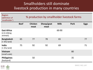 BMGF, FAO, ILRI
Smallholders still dominate
livestock production in many countries
Region
(definition of
‘smallholder’)
% production by smallholder livestock farms
Beef Chicken
meat
Sheep/goat
meat
Milk Pork Eggs
East Africa
(≤ 6 milking
animals)
60-90
Bangladesh
(< 3ha land)
65 77 78 65 77
India
(< 2ha land)
75 92 92 69 71
Vietnam
(small scale)
80
Philippines
(backyard)
50 35
 
