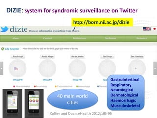 DIZIE: system for syndromic surveillance on Twitter
                             http://born.nii.ac.jp/dizie
                             /




                                                    Gastrointestinal
                                                    Respiratory
                                                    Neurological
                    40 main world                   Dermatological
                                                    Haemorrhagic
                        cities
                                                    Musculoskeletal
                Collier and Doan. eHealth 2012;186-95
 