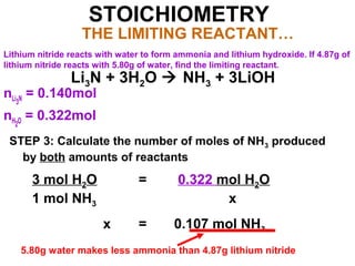 STOICHIOMETRY
THE LIMITING REACTANT…
Lithium nitride reacts with water to form ammonia and lithium hydroxide. If 4.87g of
lithium nitride reacts with 5.80g of water, find the limiting reactant.
Li3N + 3H2O  NH3 + 3LiOH
nLi3N = 0.140mol
nH2O = 0.322mol
STEP 3: Calculate the number of moles of NH3 produced
by both amounts of reactants
3 mol H2O = 0.322 mol H2O
1 mol NH3 x
x = 0.107 mol NH3
5.80g water makes less ammonia than 4.87g lithium nitride
 