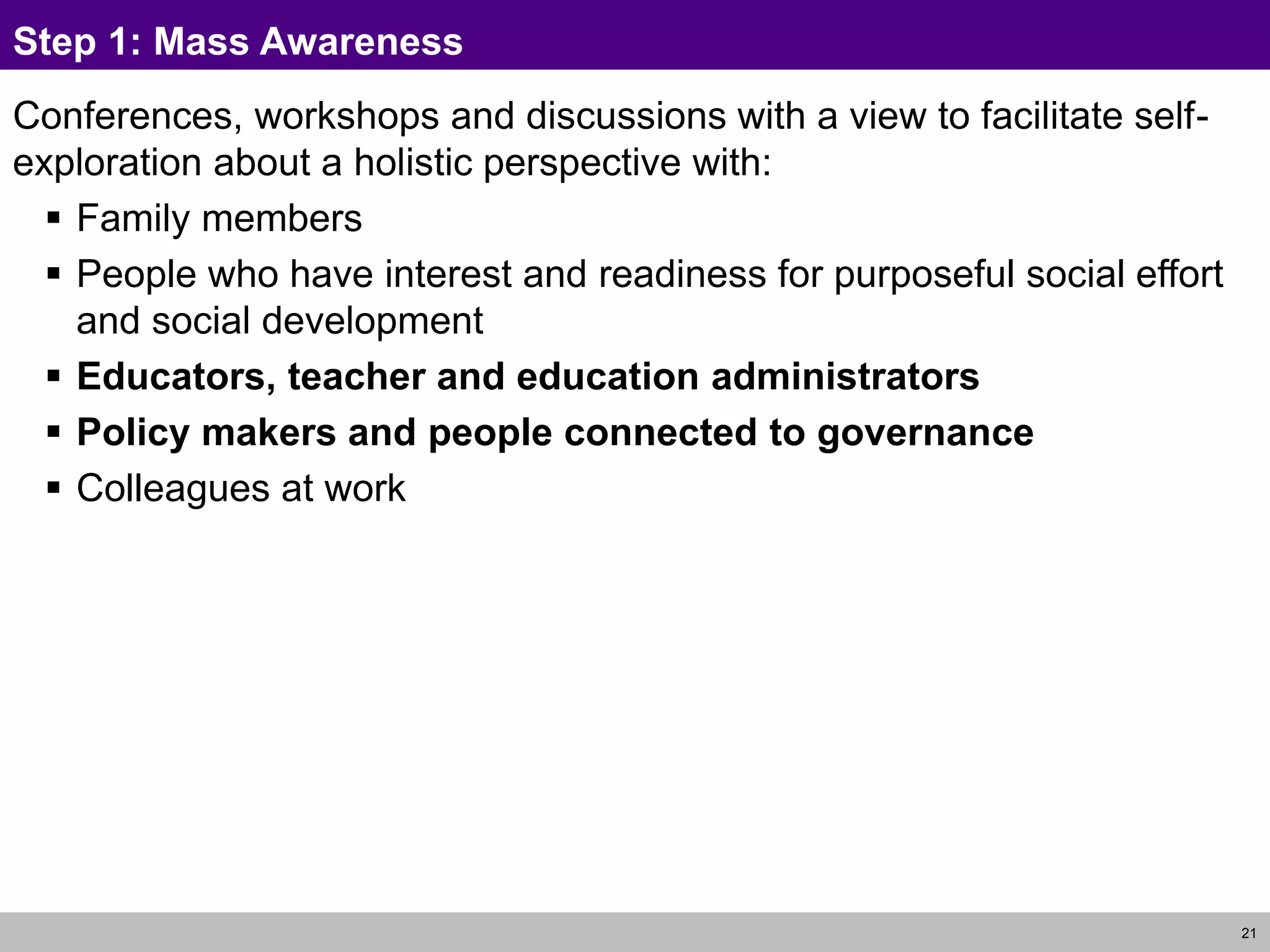 21
Step 1: Mass Awareness
Conferences, workshops and discussions with a view to facilitate self-
exploration about a holistic perspective with:
 Family members
 People who have interest and readiness for purposeful social effort
and social development
 Educators, teacher and education administrators
 Policy makers and people connected to governance
 Colleagues at work
 