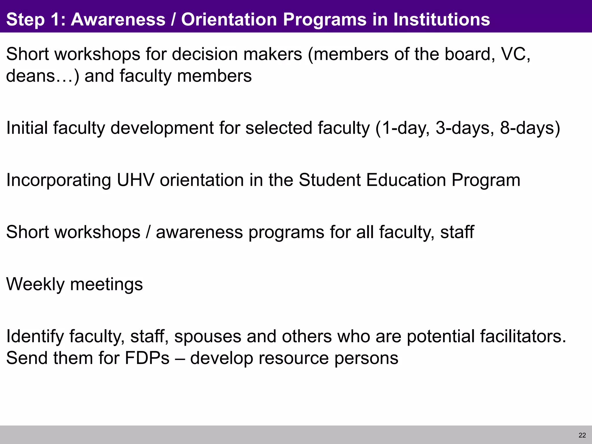 22
Step 1: Awareness / Orientation Programs in Institutions
Short workshops for decision makers (members of the board, VC,
deans…) and faculty members
Initial faculty development for selected faculty (1-day, 3-days, 8-days)
Incorporating UHV orientation in the Student Education Program
Short workshops / awareness programs for all faculty, staff
Weekly meetings
Identify faculty, staff, spouses and others who are potential facilitators.
Send them for FDPs – develop resource persons
 