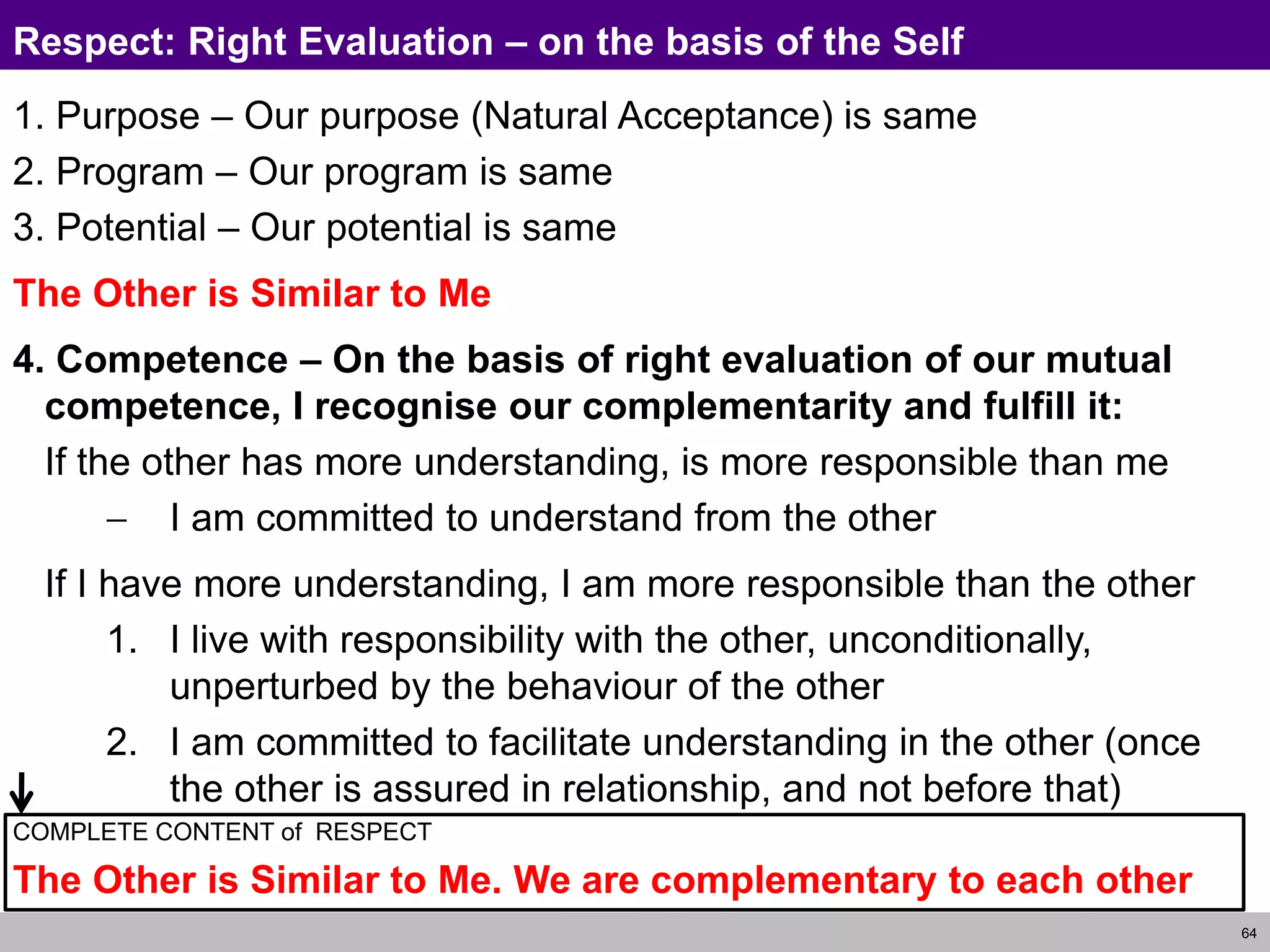 64
Respect: Right Evaluation – on the basis of the Self
1. Purpose – Our purpose (Natural Acceptance) is same
2. Program – Our program is same
3. Potential – Our potential is same
The Other is Similar to Me
4. Competence – On the basis of right evaluation of our mutual
competence, I recognise our complementarity and fulfill it:
If the other has more understanding, is more responsible than me
 I am committed to understand from the other
If I have more understanding, I am more responsible than the other
1. I live with responsibility with the other, unconditionally,
unperturbed by the behaviour of the other
2. I am committed to facilitate understanding in the other (once
the other is assured in relationship, and not before that)
COMPLETE CONTENT of RESPECT
The Other is Similar to Me. We are complementary to each other
 