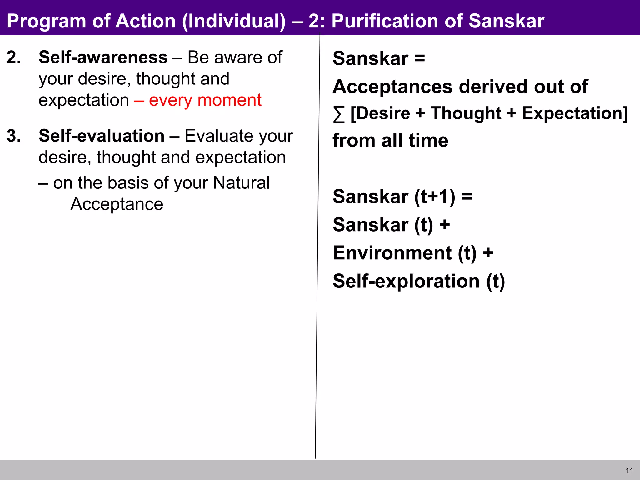 11
2. Self-awareness – Be aware of
your desire, thought and
expectation – every moment
3. Self-evaluation – Evaluate your
desire, thought and expectation
– on the basis of your Natural
Acceptance
Sanskar =
Acceptances derived out of
∑ [Desire + Thought + Expectation]
from all time
Sanskar (t+1) =
Sanskar (t) +
Environment (t) +
Self-exploration (t)
Program of Action (Individual) – 2: Purification of Sanskar
 