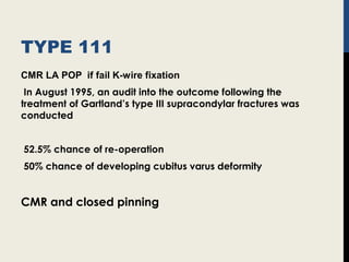TYPE 111
CMR LA POP if fail K-wire fixation
In August 1995, an audit into the outcome following the
treatment of Gartland’s type III supracondylar fractures was
conducted
52.5% chance of re-operation
50% chance of developing cubitus varus deformity
CMR and closed pinning
 