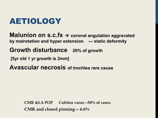 AETIOLOGY
Malunion on s.c.fx  coronal angulation aggravated
by malrotation and hyper extension --- static deformity
Growth disturbance 20% of growth
[5yr old 1 yr growth is 2mm]
Avascular necrosis of trochlea rare cause
CMR &LA POP Cubitus varus --50% of cases.
CMR and closed pinning -- 6.6%
 