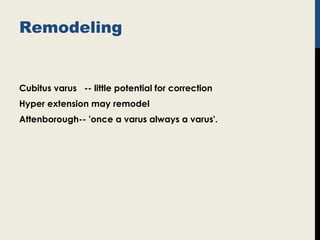 Remodeling
Cubitus varus -- little potential for correction
Hyper extension may remodel
Attenborough-- 'once a varus always a varus'.
 