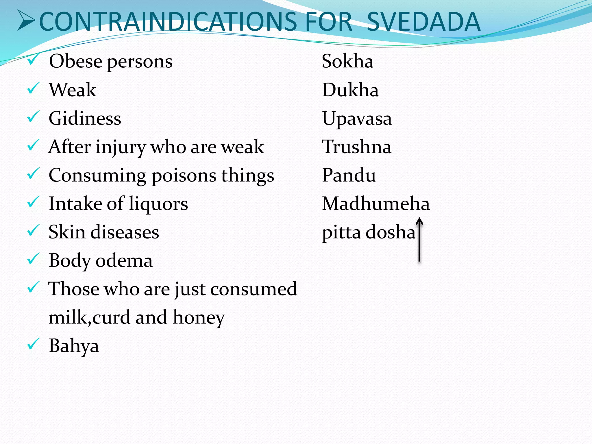 CONTRAINDICATIONS FOR SVEDADA
 Obese persons Sokha
 Weak Dukha
 Gidiness Upavasa
 After injury who are weak Trushna
 Consuming poisons things Pandu
 Intake of liquors Madhumeha
 Skin diseases pitta dosha
 Body odema
 Those who are just consumed
milk,curd and honey
 Bahya
 