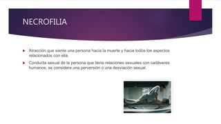 NECROFILIA
 Atracción que siente una persona hacia la muerte y hacia todos los aspectos
relacionados con ella.
 Conducta sexual de la persona que tiene relaciones sexuales con cadáveres
humanos; se considera una perversión o una desviación sexual.
 