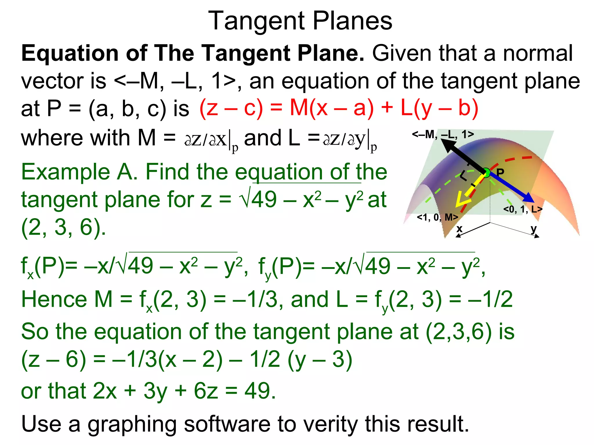 Tangent Planes
Equation of The Tangent Plane. Given that a normal
vector is <–M, –L, 1>, an equation of the tangent plane
at P = (a, b, c) is (z – c) = M(x – a) + L(y – b)
where with M = dz / dx|p and L = dz / dy|p <–M, –L, 1>
Example A. Find the equation of the                    P

tangent plane for z = √49 – x2 – y2 at                  <0, 1, L>
                                            <1, 0, M>
(2, 3, 6).                                           x         y


fx(P)= –x/√49 – x2 – y2, fy(P)= –x/√49 – x2 – y2,
Hence M = fx(2, 3) = –1/3, and L = fy(2, 3) = –1/2
So the equation of the tangent plane at (2,3,6) is
(z – 6) = –1/3(x – 2) – 1/2 (y – 3)
or that 2x + 3y + 6z = 49.
Use a graphing software to verity this result.
 