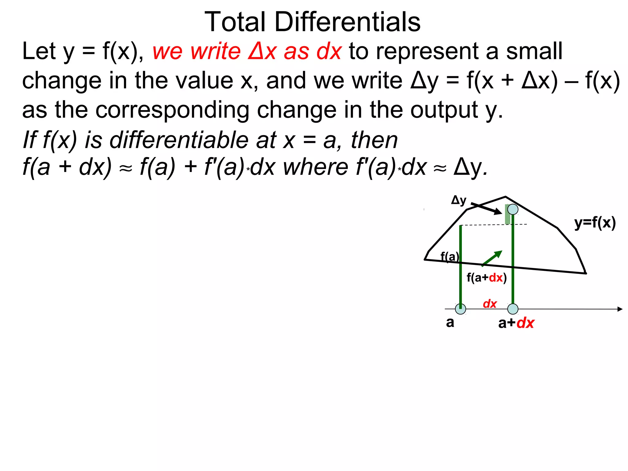 Total Differentials
Let y = f(x), we write Δx as dx to represent a small
change in the value x, and we write Δy = f(x + Δx) – f(x)
as the corresponding change in the output y.
If f(x) is differentiable at x = a, then
f(a + dx) ≈ f(a) + f'(a)*dx where f'(a)*dx ≈ Δy.
                                         Δy
                                                            y=f(x)

                                       f(a)
                                              f(a+dx)

                                                dx
                                        a            a+dx
 