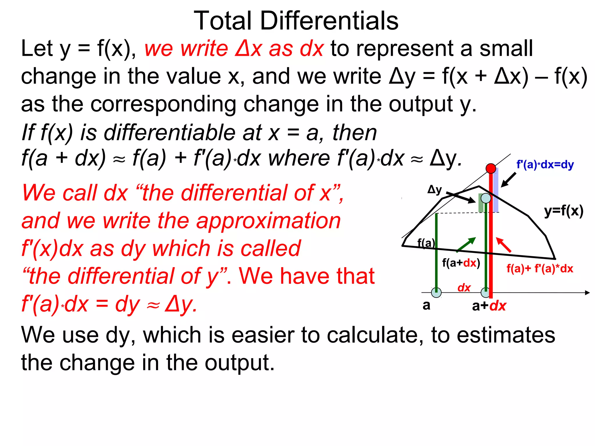 Total Differentials
Let y = f(x), we write Δx as dx to represent a small
change in the value x, and we write Δy = f(x + Δx) – f(x)
as the corresponding change in the output y.
If f(x) is differentiable at x = a, then
f(a + dx) ≈ f(a) + f'(a)*dx where f'(a)*dx ≈ Δy. f'(a) dx=dy    *


We call dx “the differential of x”,      Δy
                                                                y=f(x)
and we write the approximation
f'(x)dx as dy which is called          f(a)
                                            f(a+dx)    f(a)+ f'(a)*dx
“the differential of y”. We have that          dx
f'(a)*dx = dy ≈ Δy.                     a         a+dx

We use dy, which is easier to calculate, to estimates
the change in the output.
 