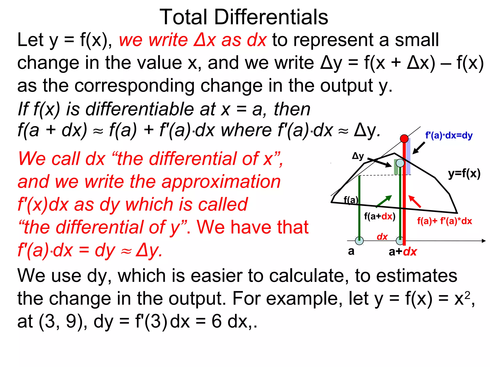 Total Differentials
Let y = f(x), we write Δx as dx to represent a small
change in the value x, and we write Δy = f(x + Δx) – f(x)
as the corresponding change in the output y.
If f(x) is differentiable at x = a, then
f(a + dx) ≈ f(a) + f'(a)*dx where f'(a)*dx ≈ Δy. f'(a) dx=dy    *


We call dx “the differential of x”,      Δy
                                                                y=f(x)
and we write the approximation
f'(x)dx as dy which is called          f(a)
                                            f(a+dx)    f(a)+ f'(a)*dx
“the differential of y”. We have that          dx
f'(a)*dx = dy ≈ Δy.                     a         a+dx

We use dy, which is easier to calculate, to estimates
the change in the output. For example, let y = f(x) = x 2,
at (3, 9), dy = f'(3) dx = 6 dx,.
 