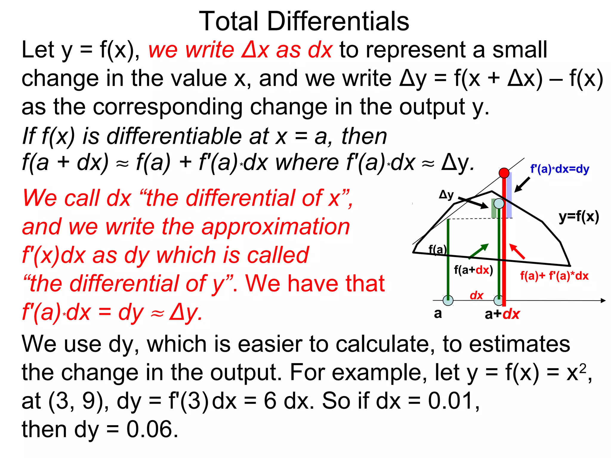 Total Differentials
Let y = f(x), we write Δx as dx to represent a small
change in the value x, and we write Δy = f(x + Δx) – f(x)
as the corresponding change in the output y.
If f(x) is differentiable at x = a, then
f(a + dx) ≈ f(a) + f'(a)*dx where f'(a)*dx ≈ Δy. f'(a) dx=dy        *


We call dx “the differential of x”,           Δy
                                                                     y=f(x)
and we write the approximation
f'(x)dx as dy which is called               f(a)
                                                 f(a+dx)    f(a)+ f'(a)*dx
“the differential of y”. We have that               dx
f'(a)*dx = dy ≈ Δy.                          a         a+dx

We use dy, which is easier to calculate, to estimates
the change in the output. For example, let y = f(x) = x 2,
at (3, 9), dy = f'(3) dx = 6 dx. So if dx = 0.01,
then dy = 0.06.
 